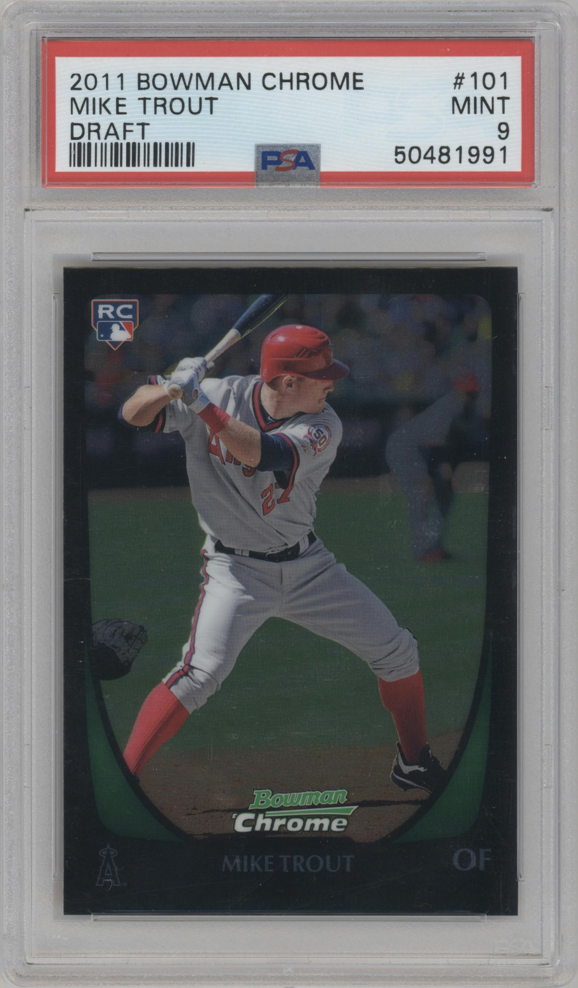 Mike Trout from the 2011 Bowman Chrome Draft set graded by PSA and given an overall grade of 9.