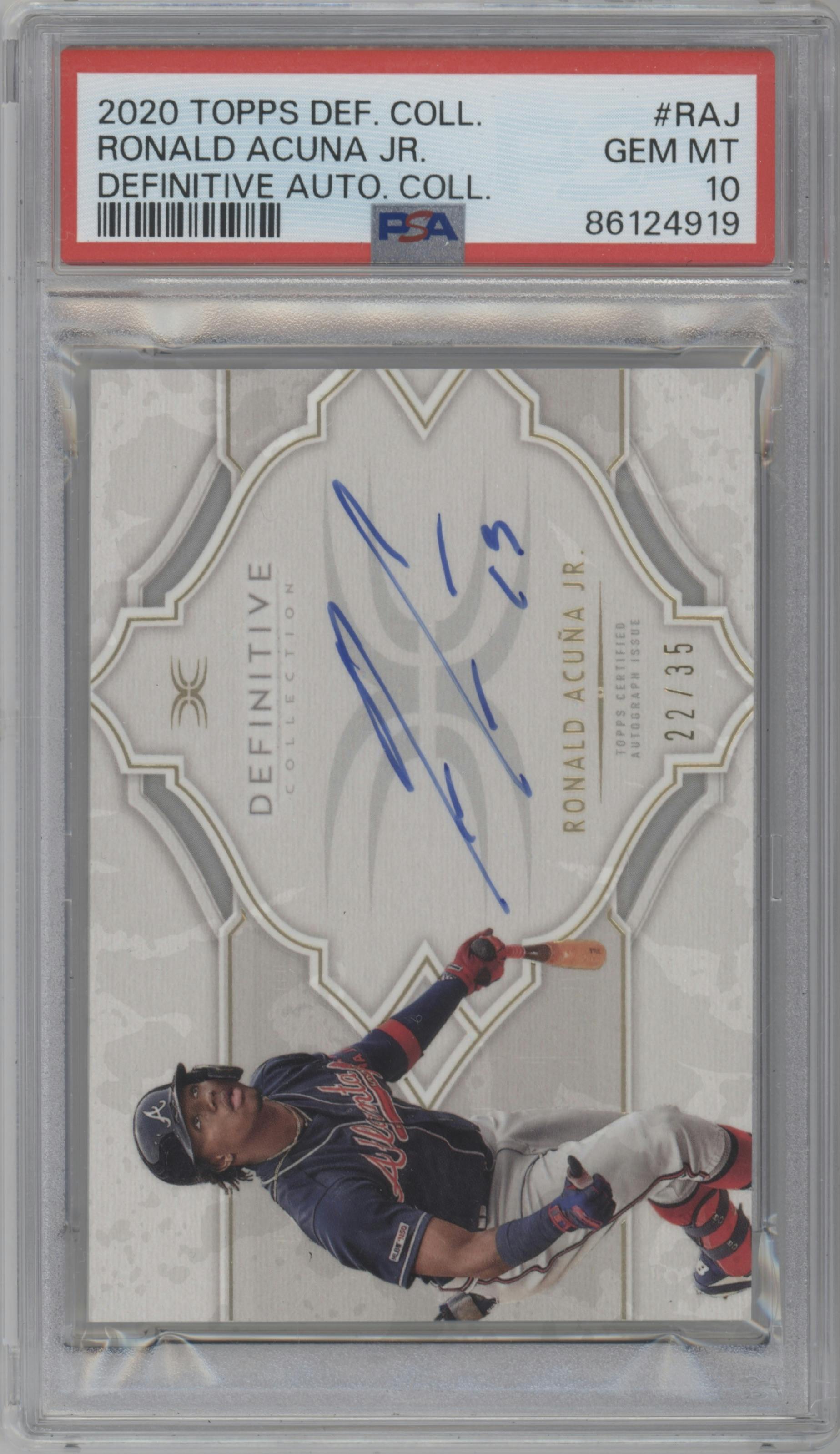 Ronald Acuna Jr. from the 2020 Topps Definitive Collection set graded by PSA and given an overall grade of 10.