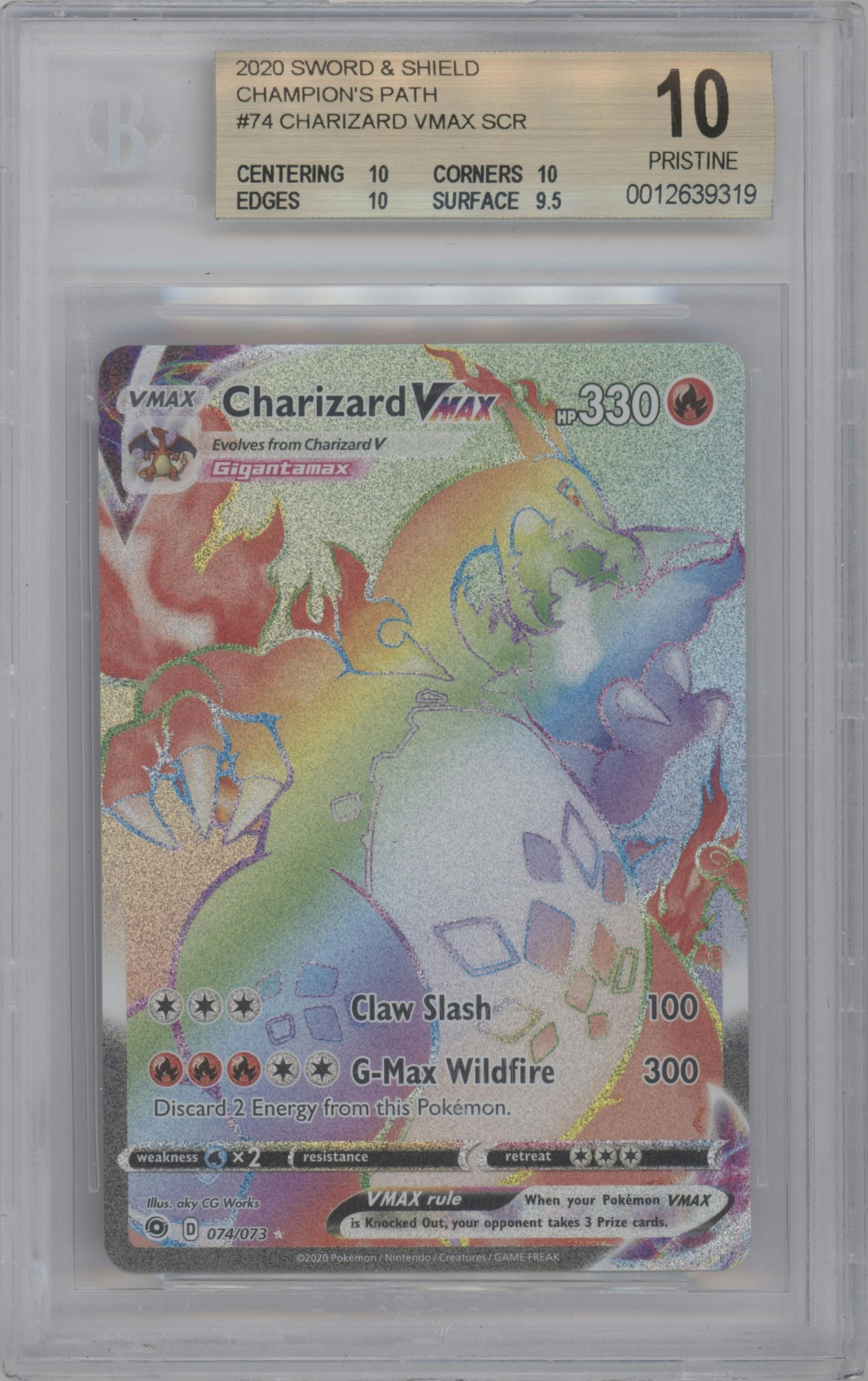 Charizard VMAX from the 2020 Pokemon SWSH set graded by Beckett and given an overall grade of 10.