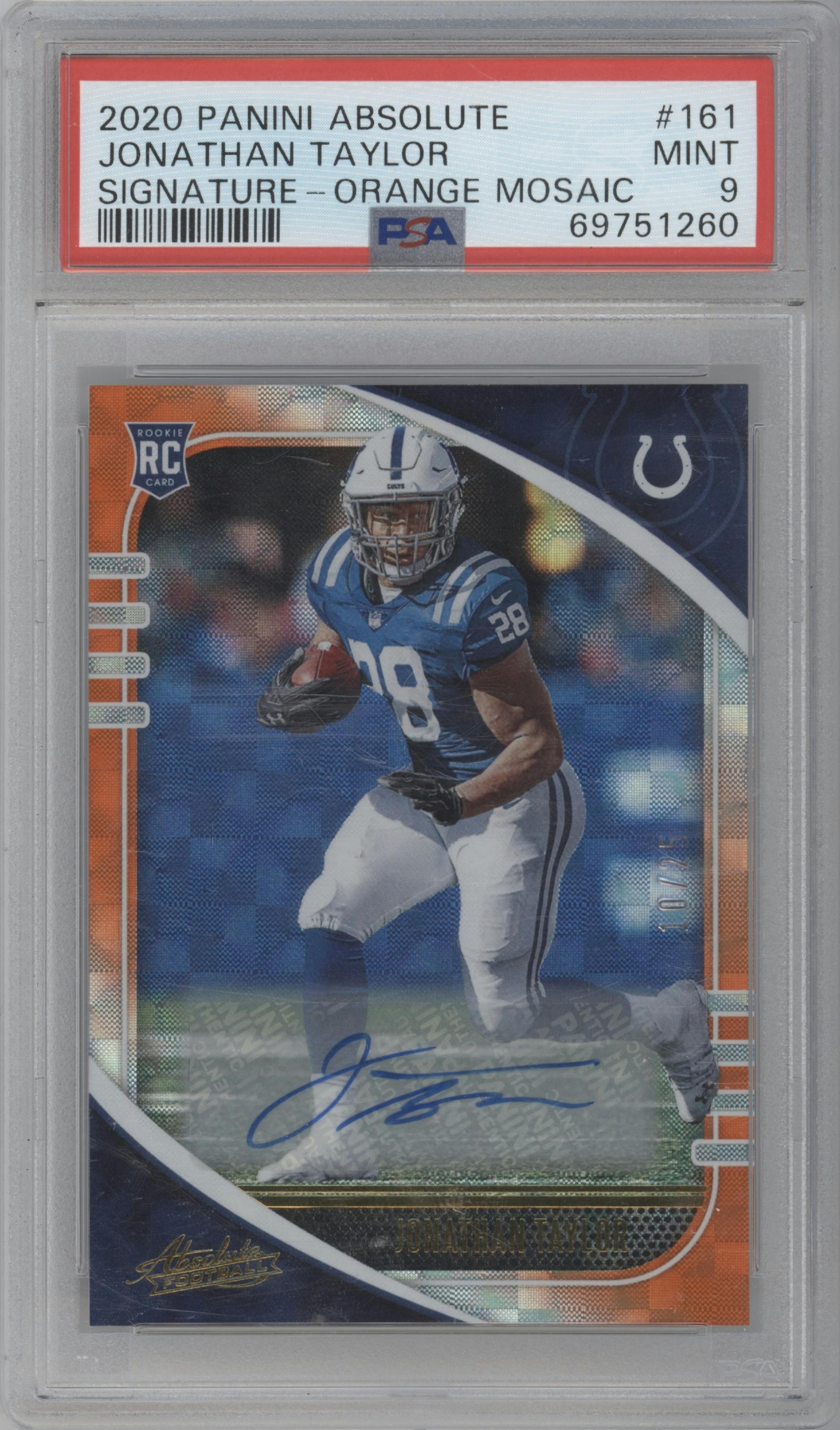 Jonathan Taylor from the 2020 Panini Absolute set featuring a Orange Mosaic parallel graded by PSA and given an overall grade of 9.
