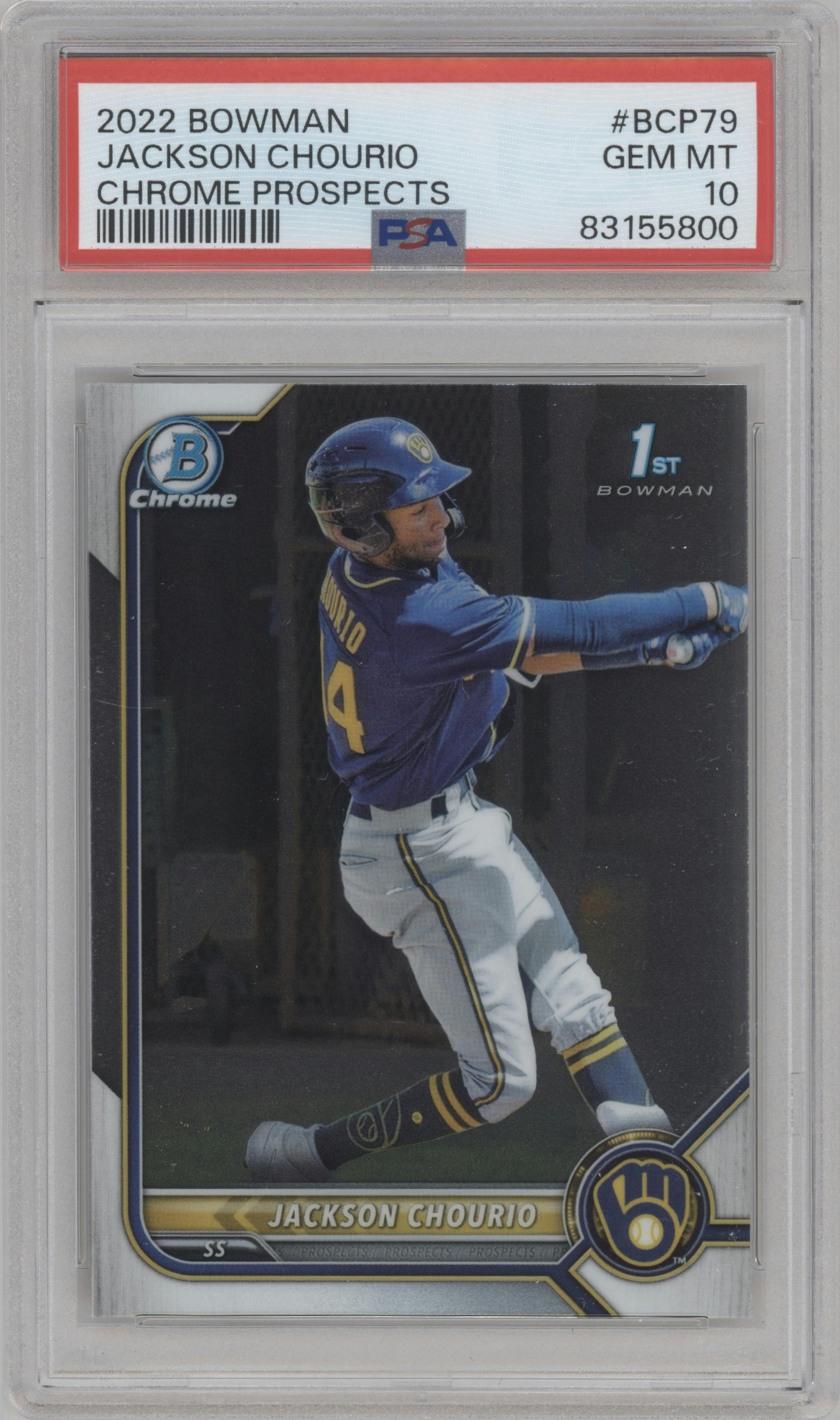 Jackson Chourio from the 2022 Bowman set graded by PSA and given an overall grade of 10.