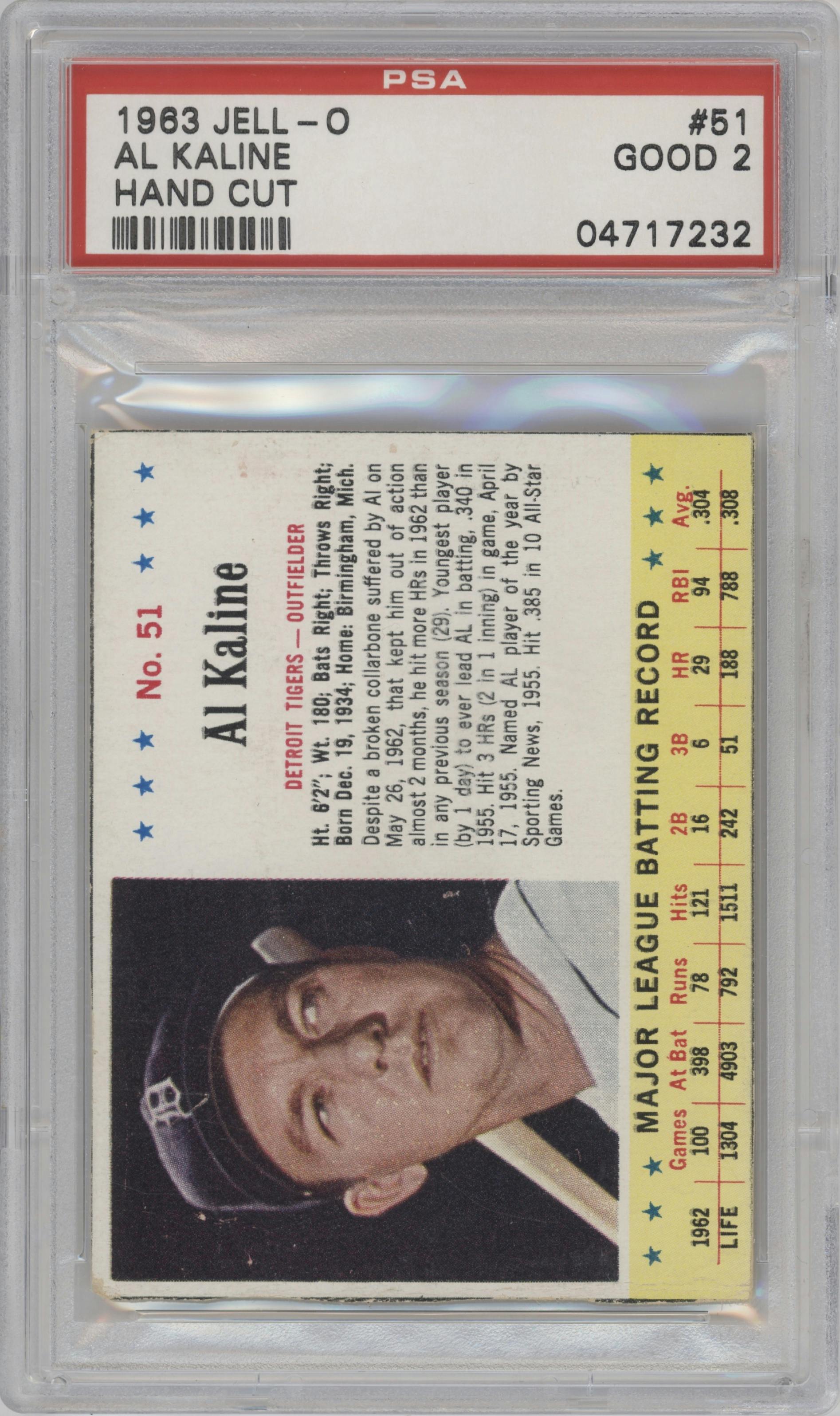 Al Kaline from the 1963 Jell-O set featuring a Hand Cut parallel graded by PSA and given an overall grade of 2.