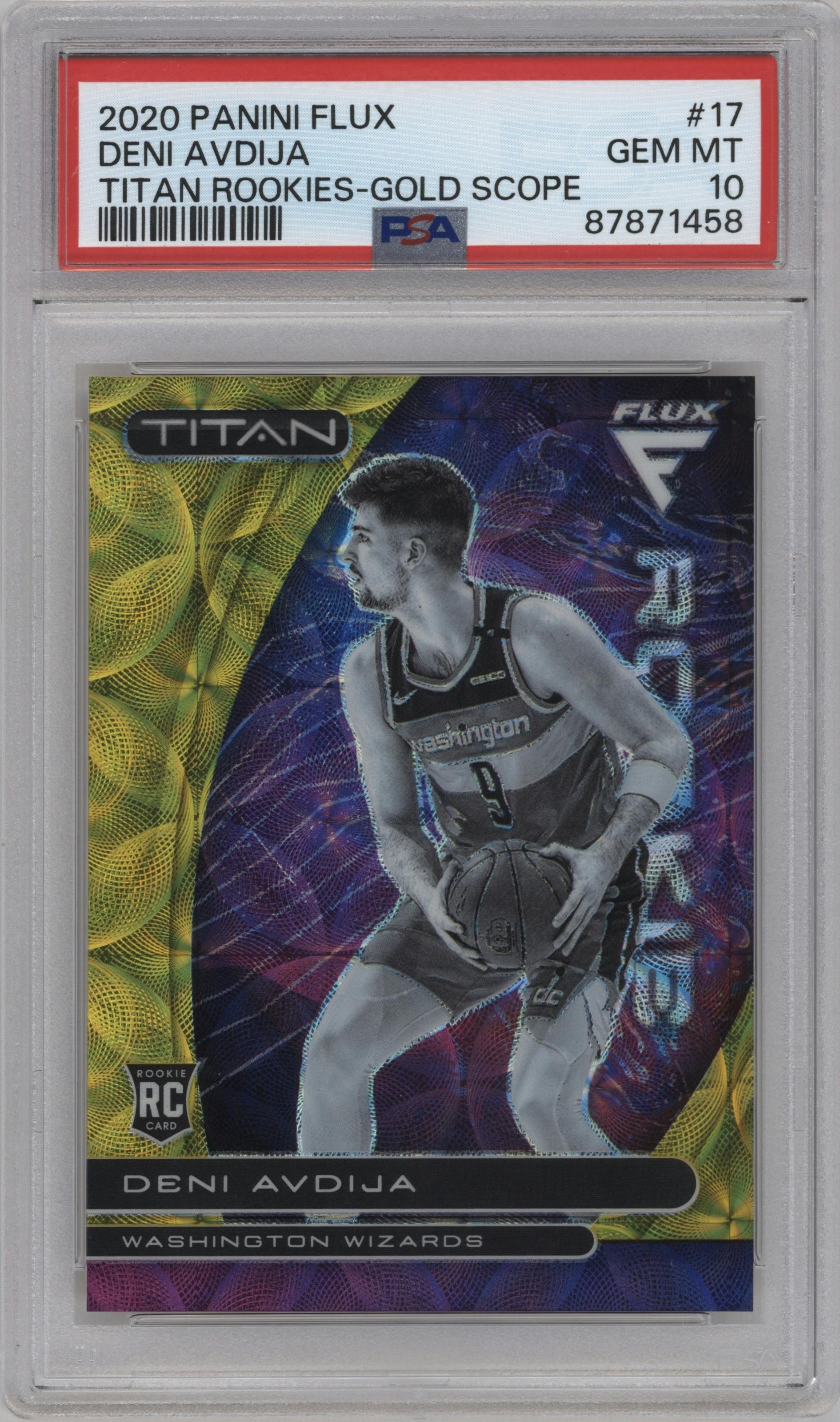 Deni Avdija from the 2020-21 Panini Flux set featuring a Gold Scope FOTL parallel graded by PSA and given an overall grade of 10.