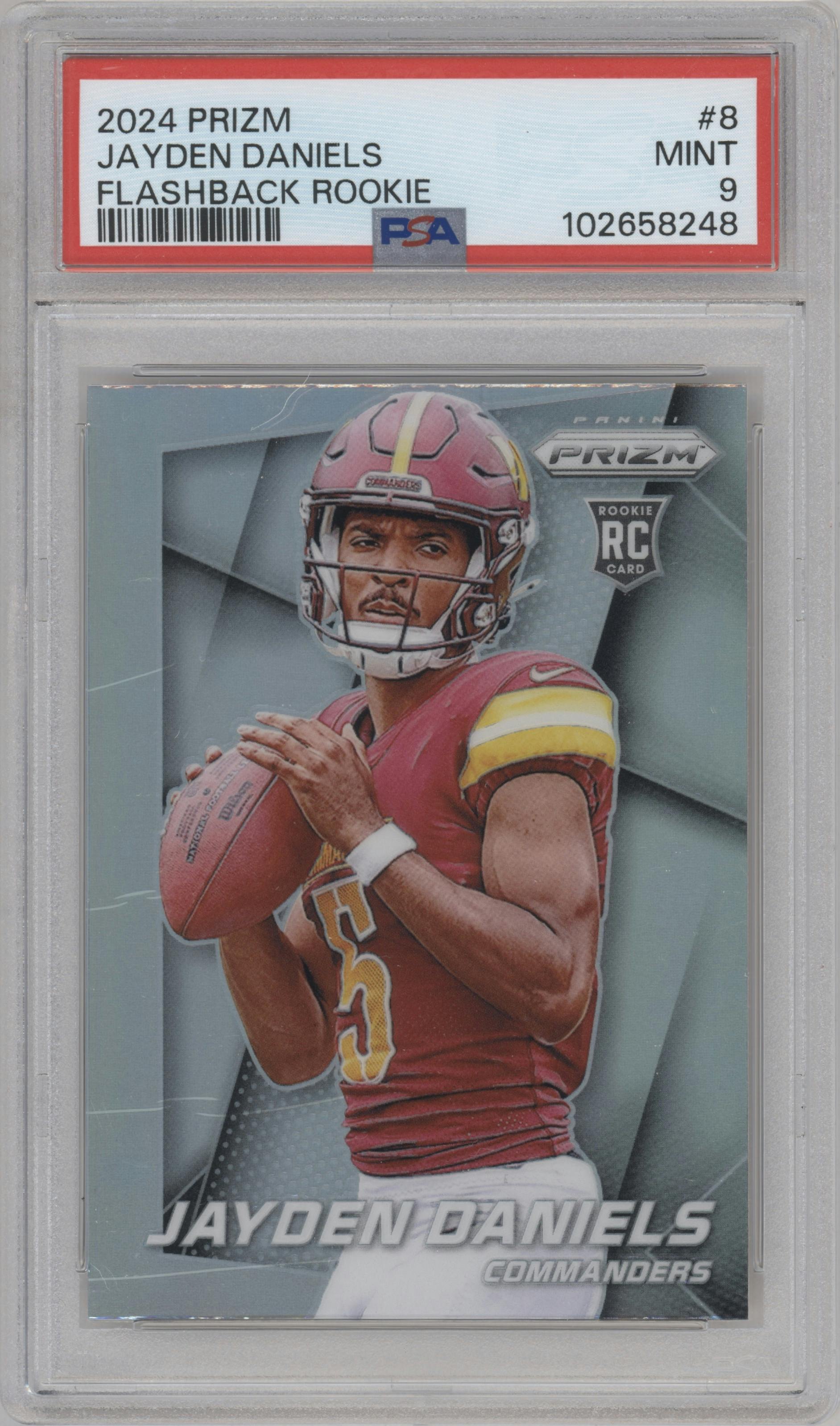 Jayden Daniels from the 2024 Panini Prizm set graded by PSA and given an overall grade of 9.