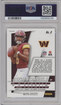 Jayden Daniels from the 2024 Panini Prizm set graded by PSA and given an overall grade of 9.