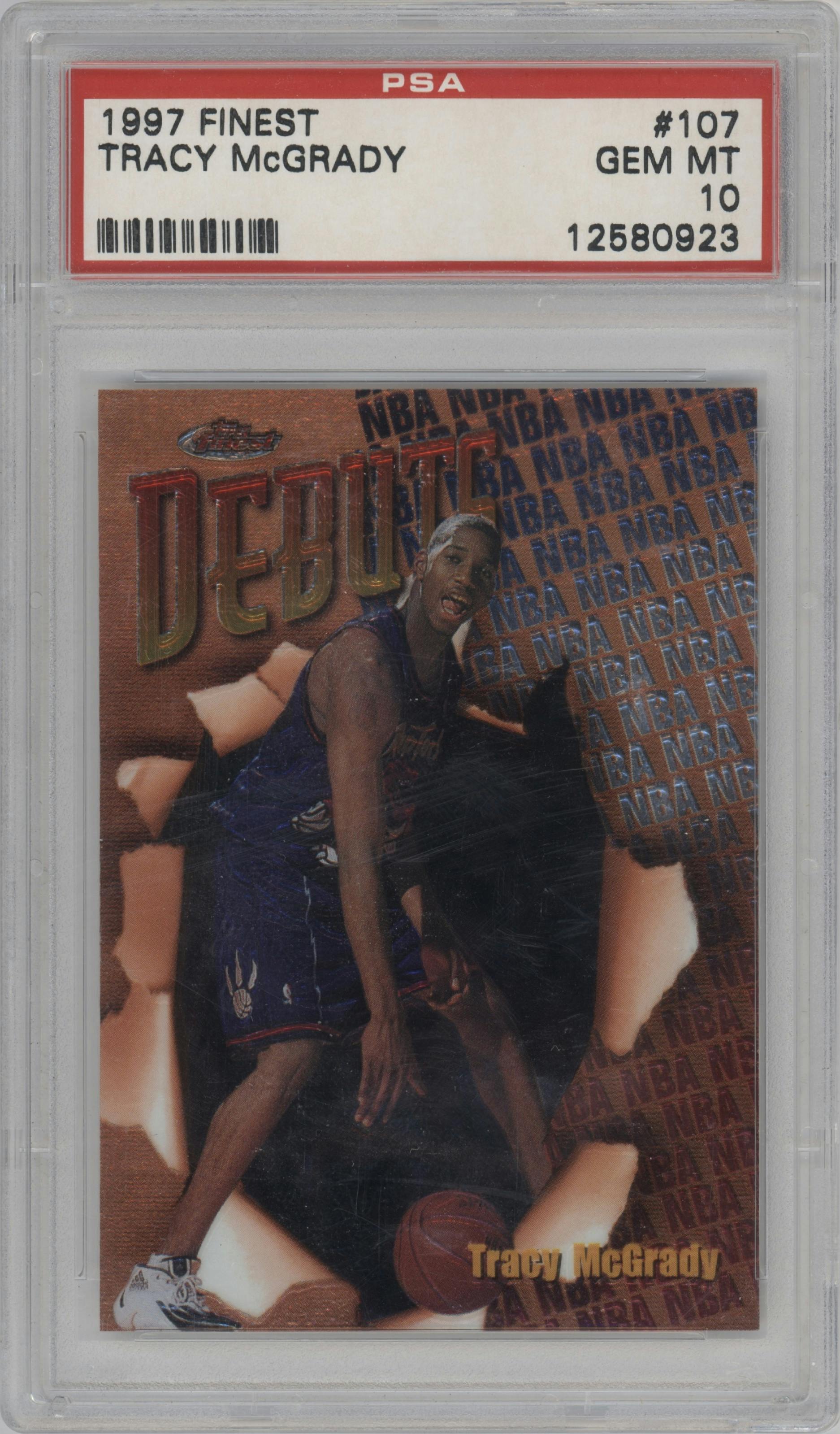Tracy McGrady from the 1997-98 Topps Finest set graded by PSA and given an overall grade of 10.