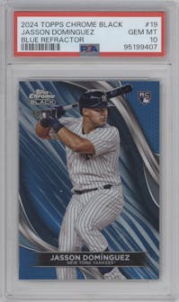 Jasson Dominguez from the  2024 Topps Chrome Black set featuring a Blue Refractor parallel graded by PSA and given an overall grade of 10.