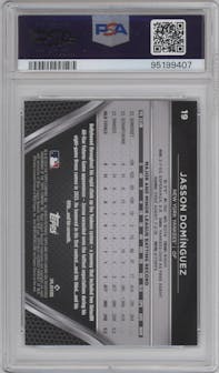 Jasson Dominguez from the  2024 Topps Chrome Black set featuring a Blue Refractor parallel graded by PSA and given an overall grade of 10.