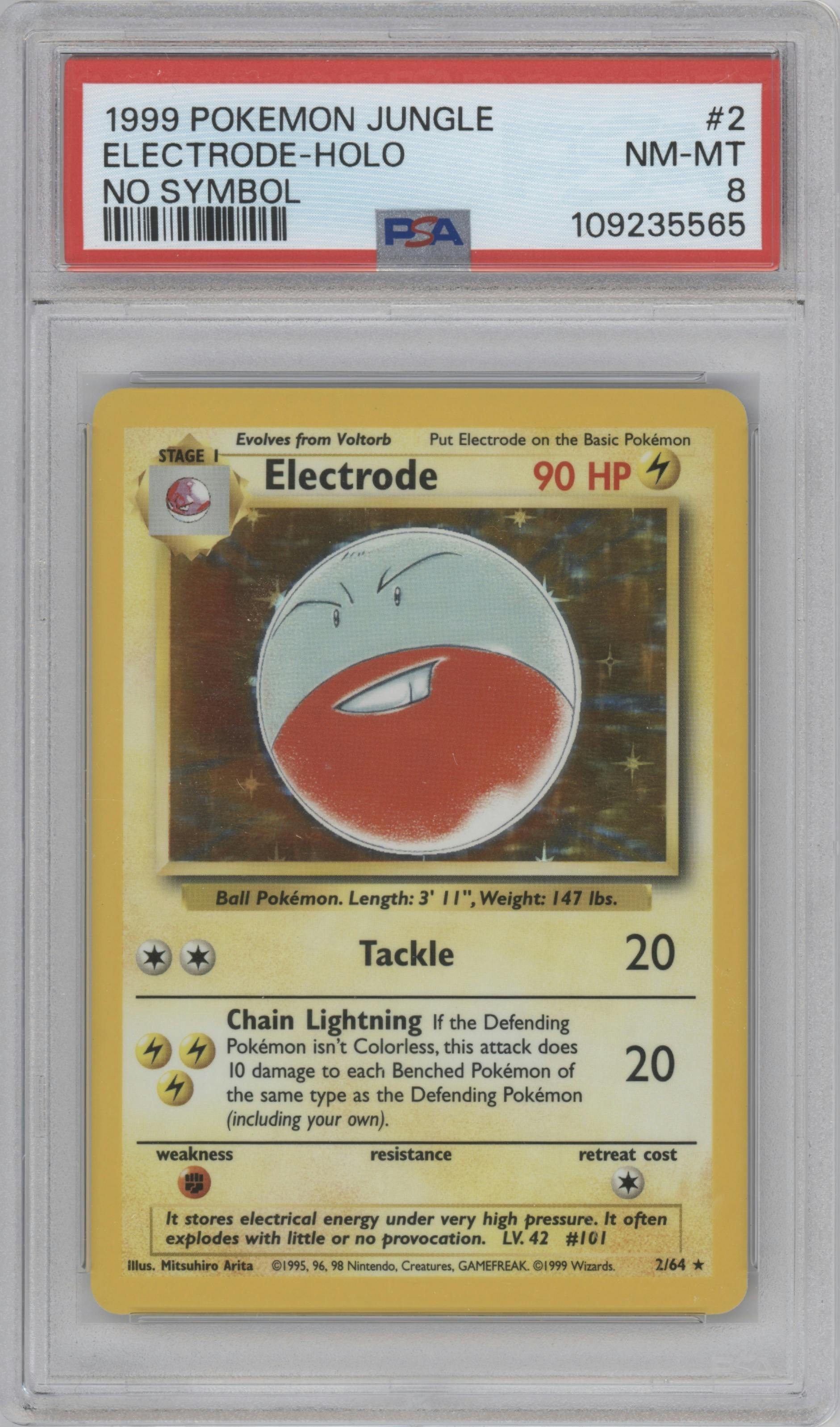 Electrode from the 1999 Pokemon set featuring a No Symbol parallel graded by PSA and given an overall grade of 8.
