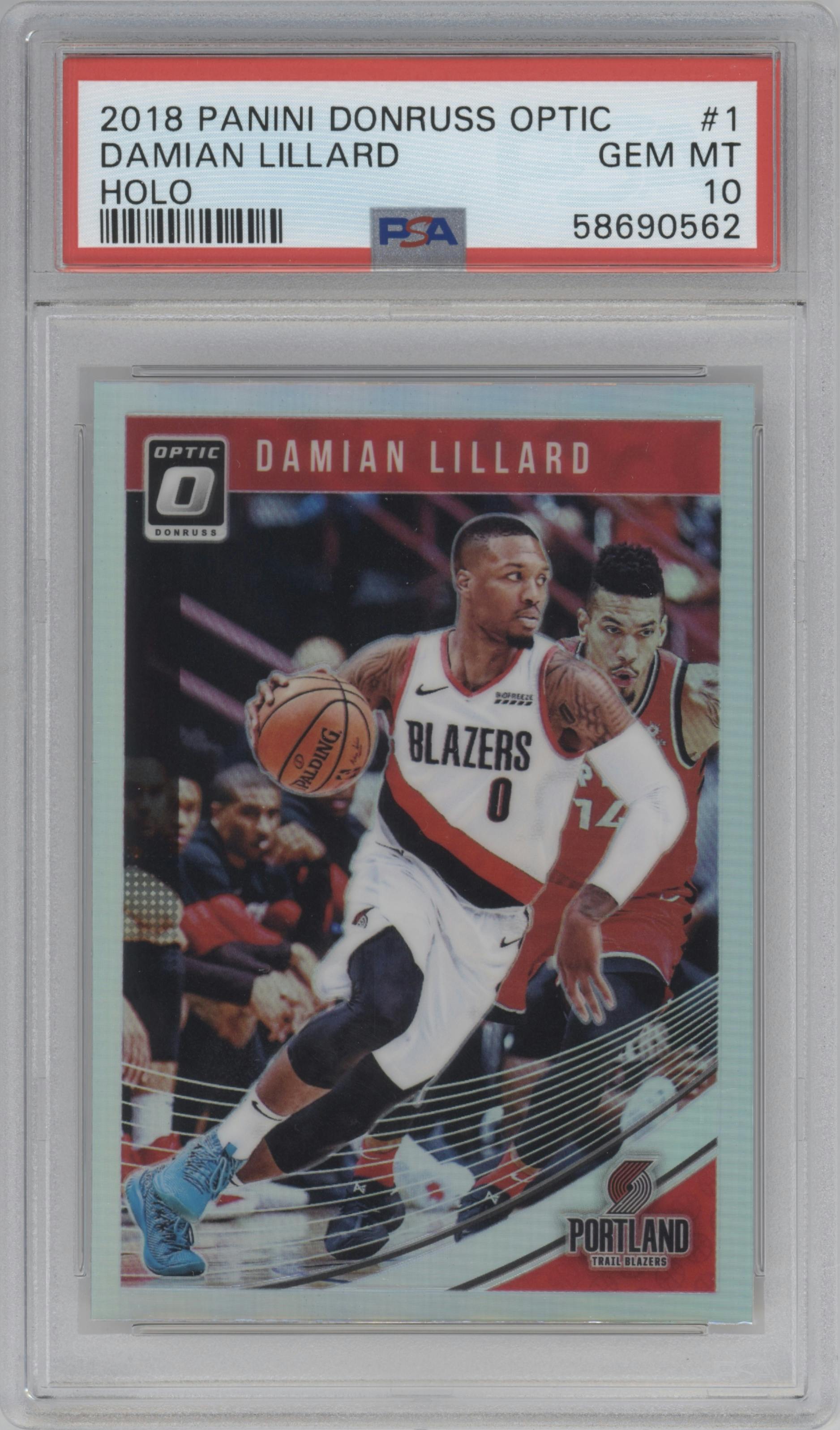 Damian Lillard from the 2018-19 Panini Donruss Optic set featuring a Holo parallel graded by PSA and given an overall grade of 10.