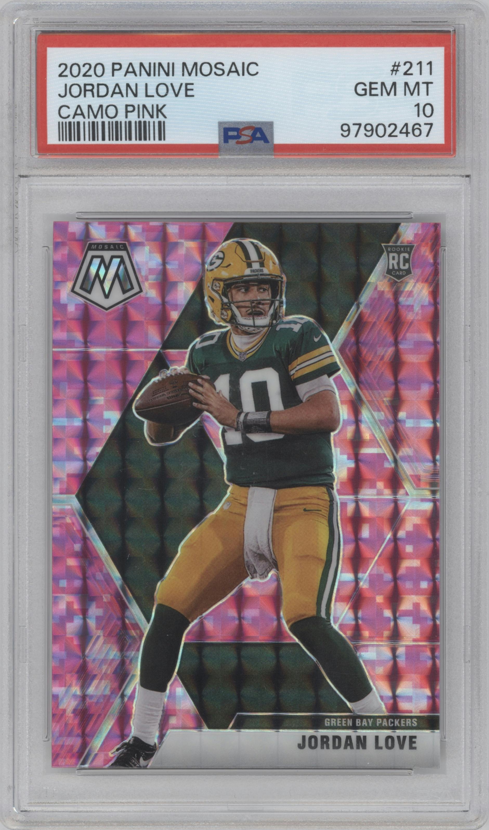 Jordan Love from the 2020 Panini Mosaic set featuring a Pink Camo parallel graded by PSA and given an overall grade of 10.