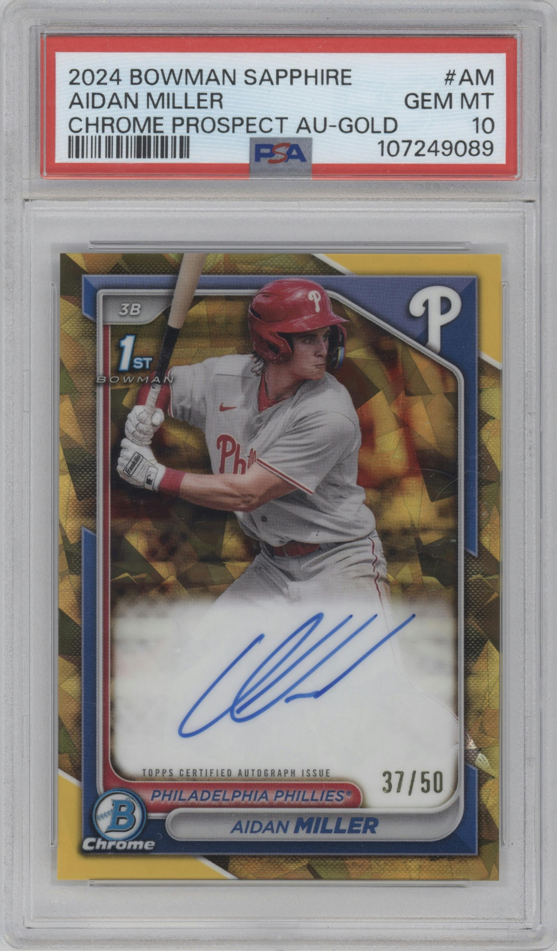 Aidan Miller from the 2024 Bowman Sapphire Edition set featuring a Gold parallel graded by PSA and given an overall grade of 10.