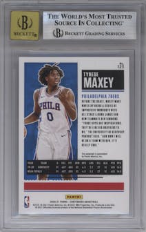 Tyrese Maxey from the 2020-21 Panini Contenders set featuring a Cracked Ice Ticket parallel graded by Beckett and given an overall grade of 9.