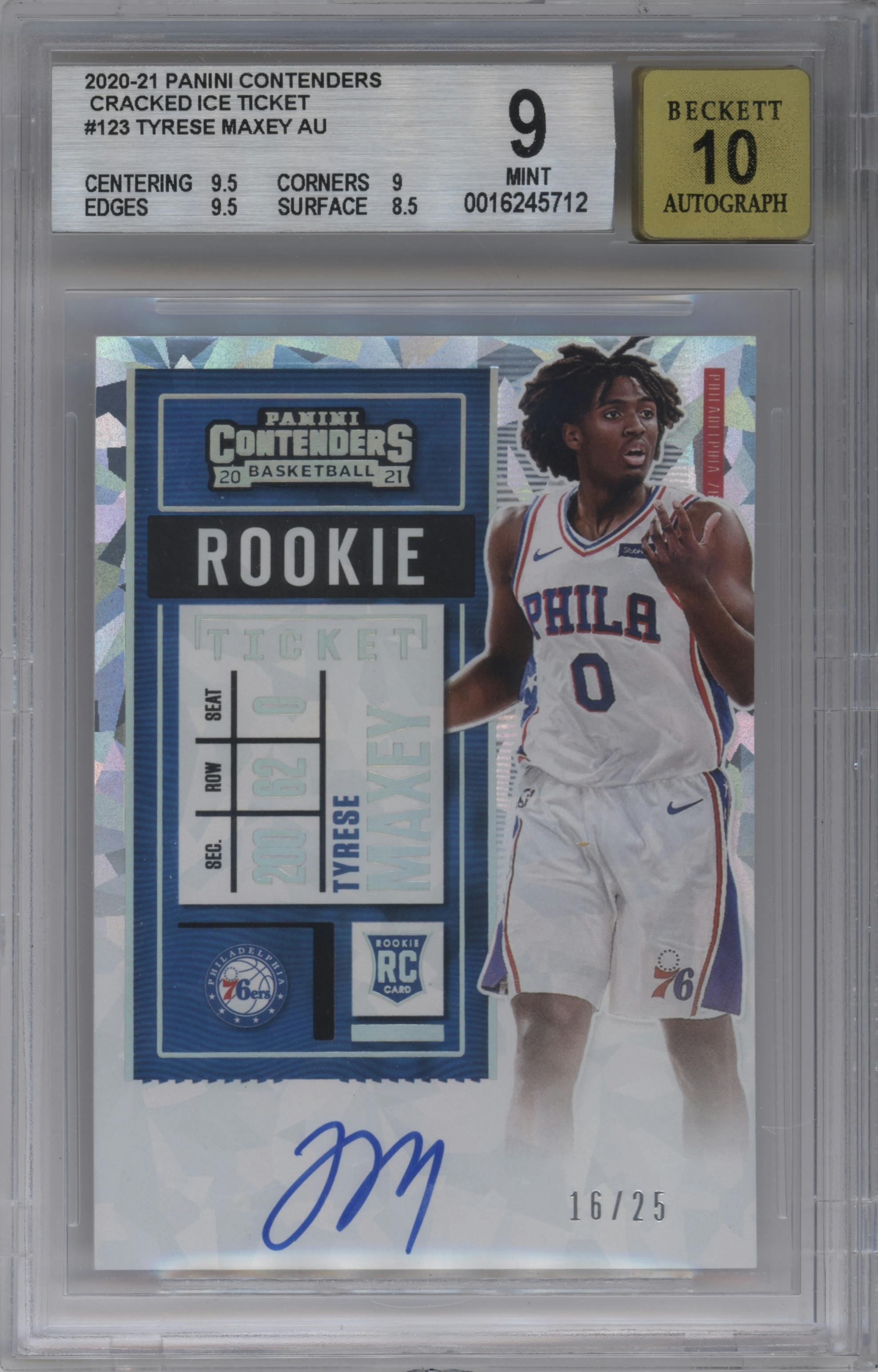 Tyrese Maxey from the 2020-21 Panini Contenders set featuring a Cracked Ice Ticket  parallel graded by Beckett and given an overall grade of 9.