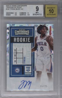 Tyrese Maxey from the 2020-21 Panini Contenders set featuring a Cracked Ice Ticket parallel graded by Beckett and given an overall grade of 9.