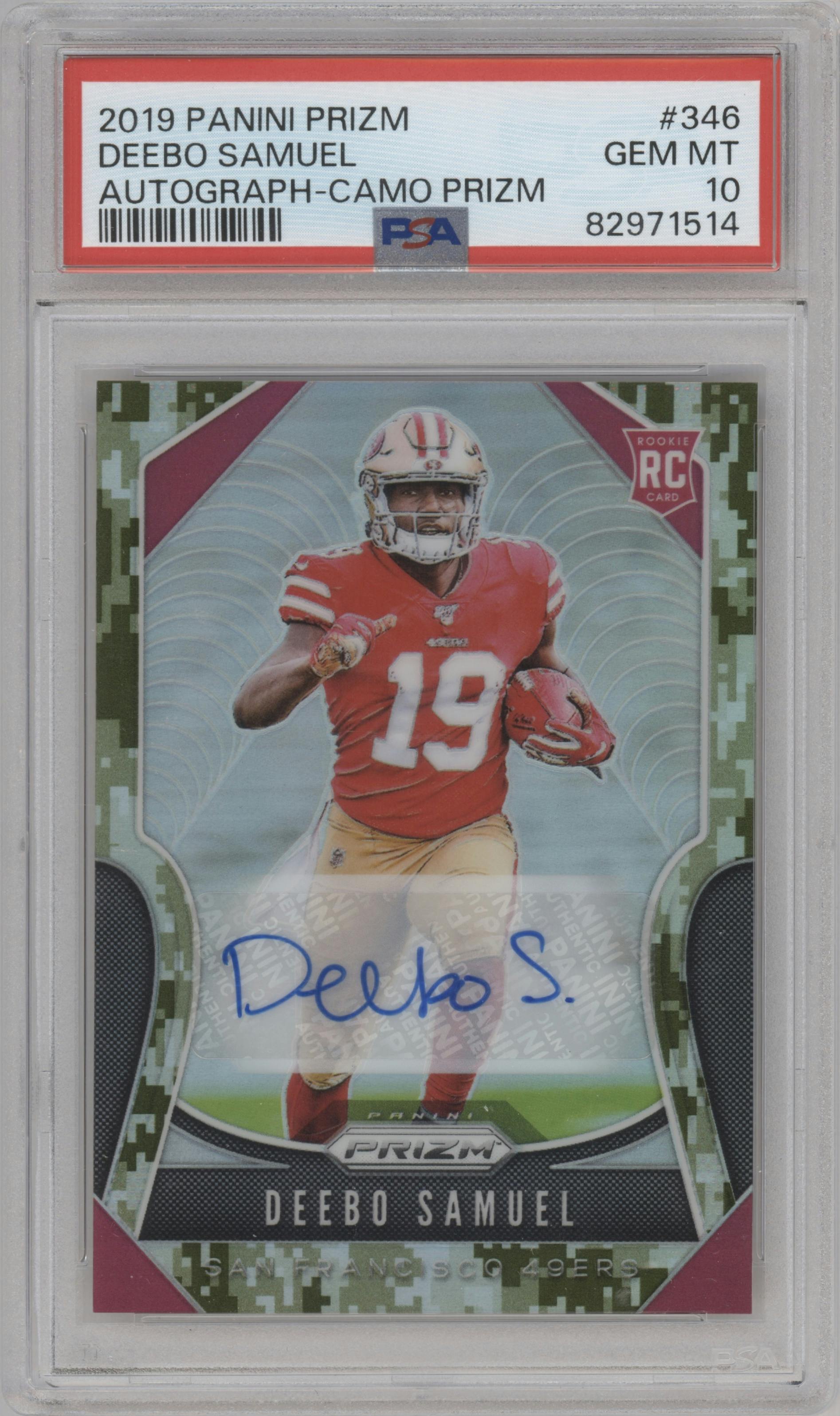 Deebo Samuel from the 2019 Panini Prizm set featuring a Camo Prizm parallel graded by PSA and given an overall grade of 10.