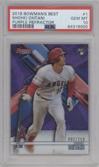 Shohei Ohtani from the 2018 Bowman’s Best set featuring a Purple Refractor parallel graded by PSA and given an overall grade of 10.