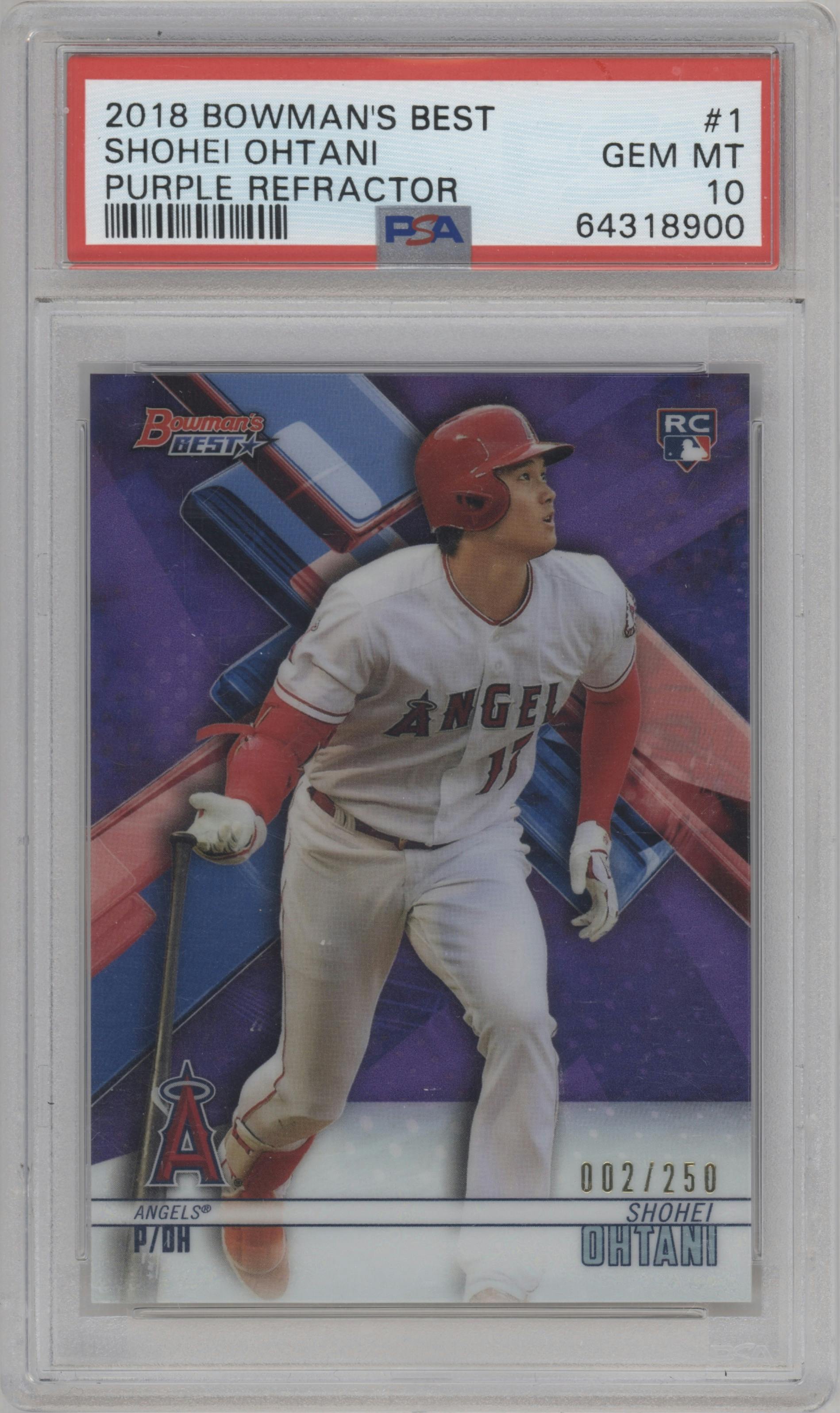 Shohei Ohtani from the 2018 Bowman’s Best set featuring a Purple Refractor parallel graded by PSA and given an overall grade of 10.