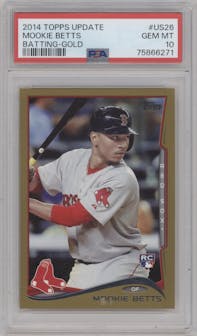 Mookie Betts from the 2014 Topps Update set featuring a Gold parallel graded by PSA and given an overall grade of 10.
