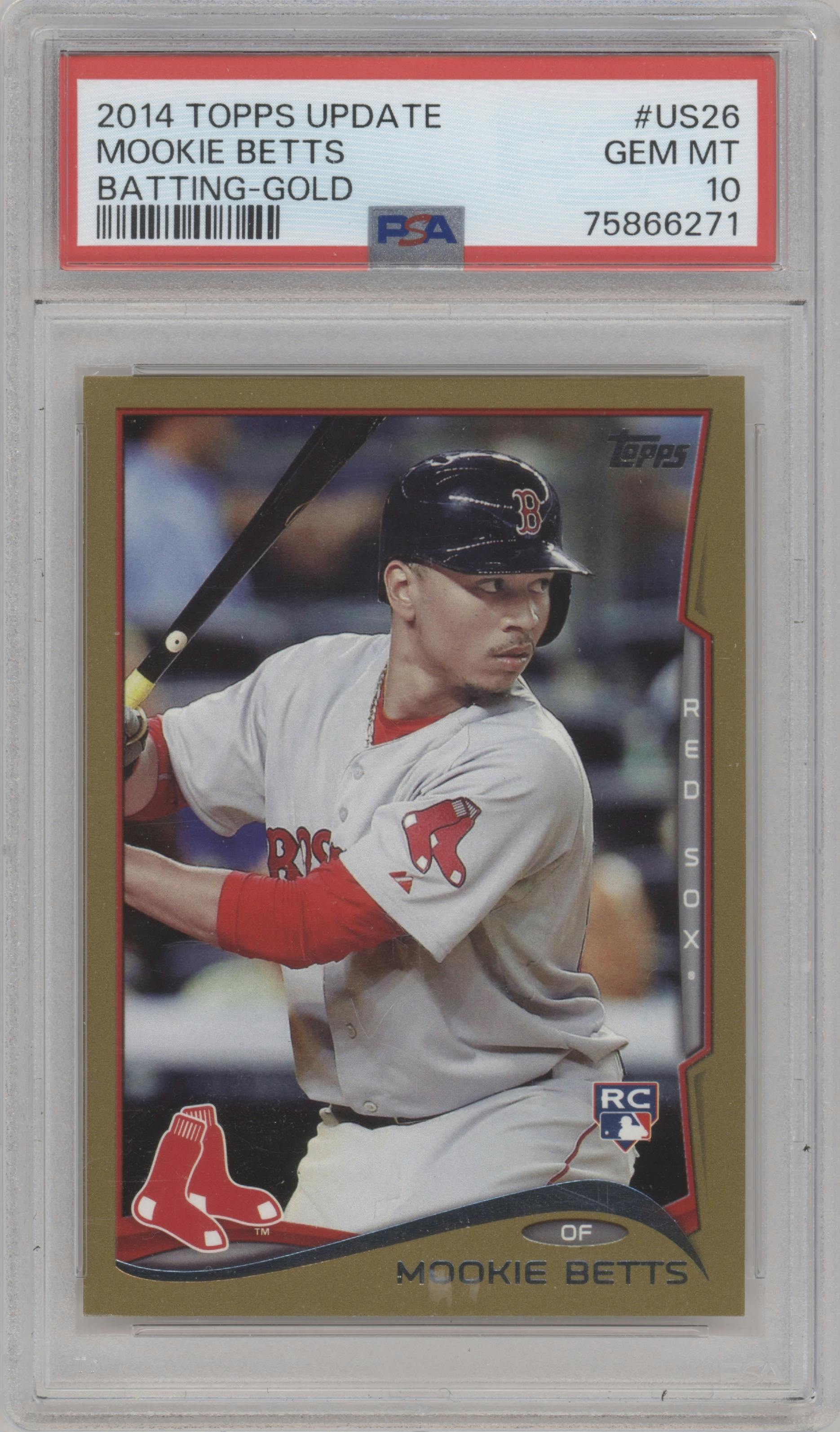 Mookie Betts from the 2014 Topps Update set featuring a Gold parallel graded by PSA and given an overall grade of 10.