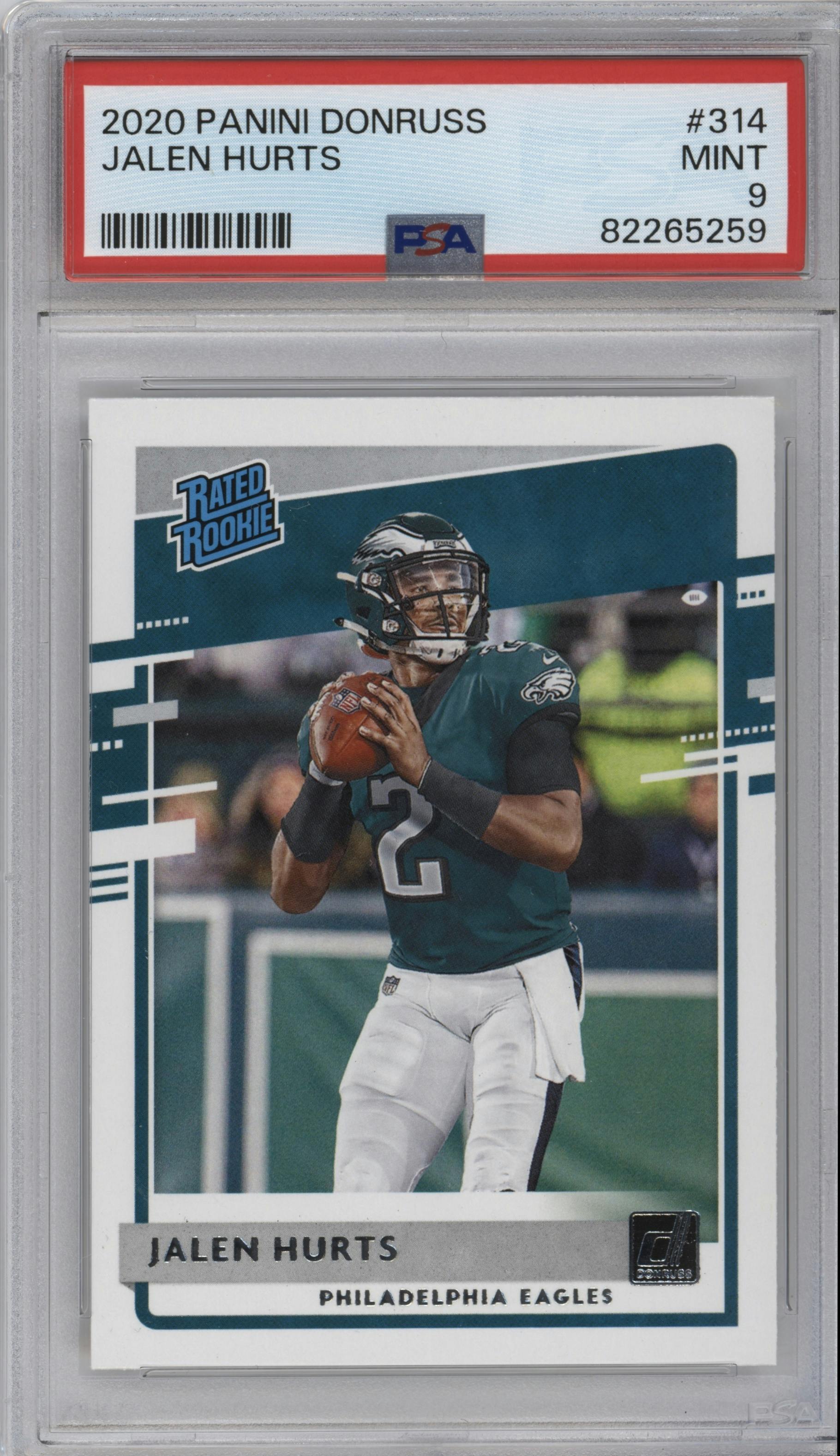 Jalen Hurts from the 2020 Panini Donruss set graded by PSA and given an overall grade of 9.