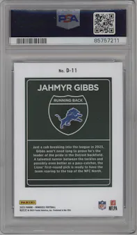Jahmyr Gibbs from the 2023 Panini Donruss set graded by PSA and given an overall grade of 10.