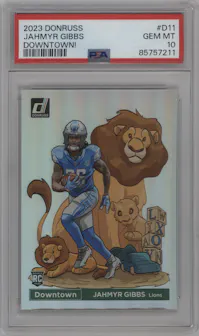 Jahmyr Gibbs from the 2023 Panini Donruss set graded by PSA and given an overall grade of 10.