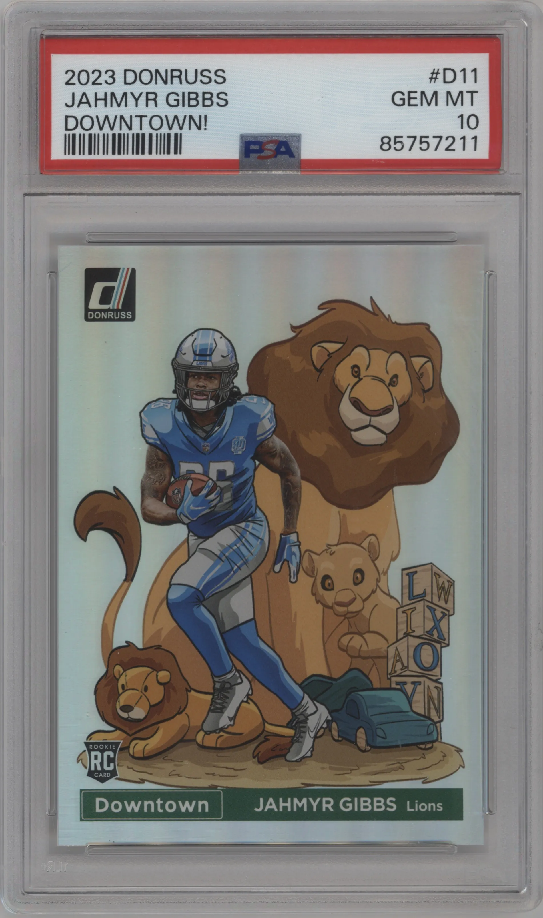 Jahmyr Gibbs from the 2023 Panini Donruss set graded by PSA and given an overall grade of 10.