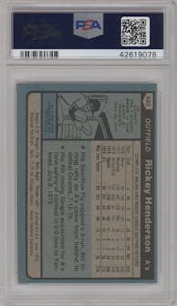 Rickey Henderson from the 1980 Topps set graded by PSA and given an overall grade of 7.