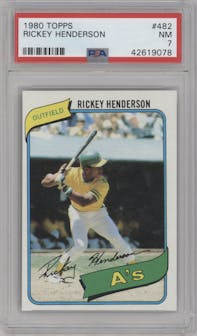 Rickey Henderson from the 1980 Topps set graded by PSA and given an overall grade of 7.