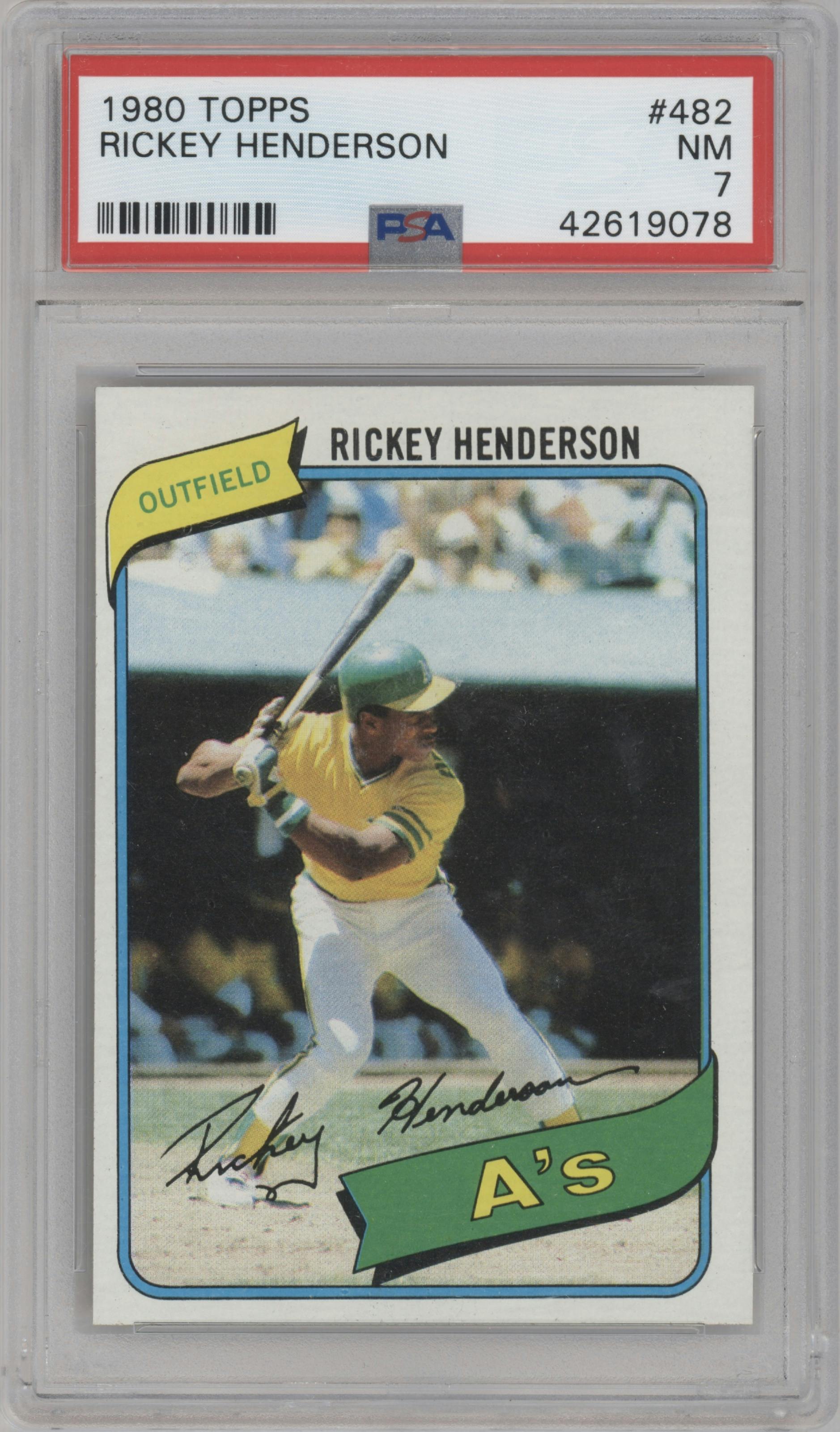 Rickey Henderson from the 1980 Topps set graded by PSA and given an overall grade of 7.