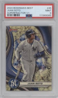 Juan Soto from the 2024 Bowman's Best set featuring a Superfractor parallel graded by PSA and given an overall grade of 9.