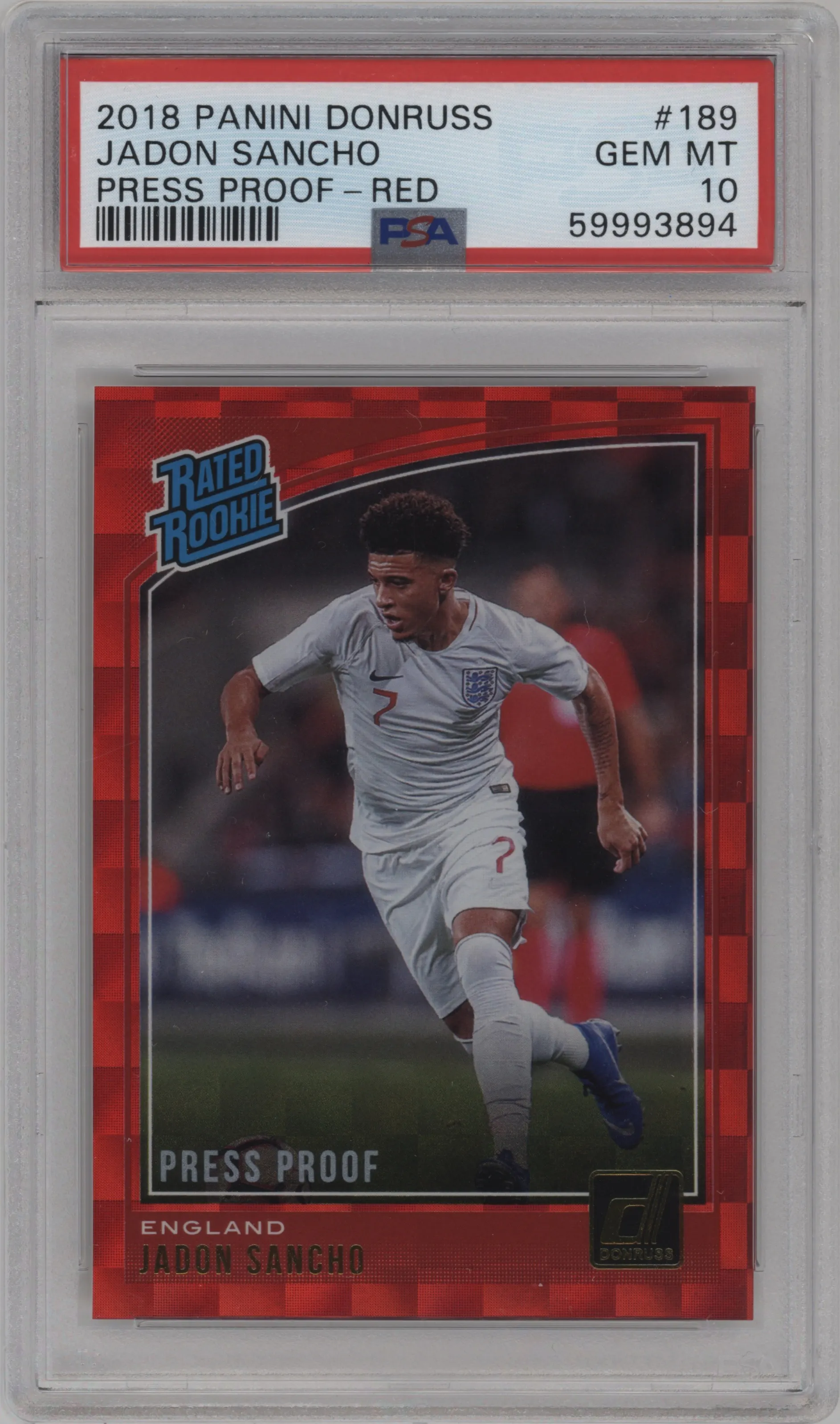 2018 Panini Donruss Rated Rookie Jadon Sancho Press Proof Red PSA 10