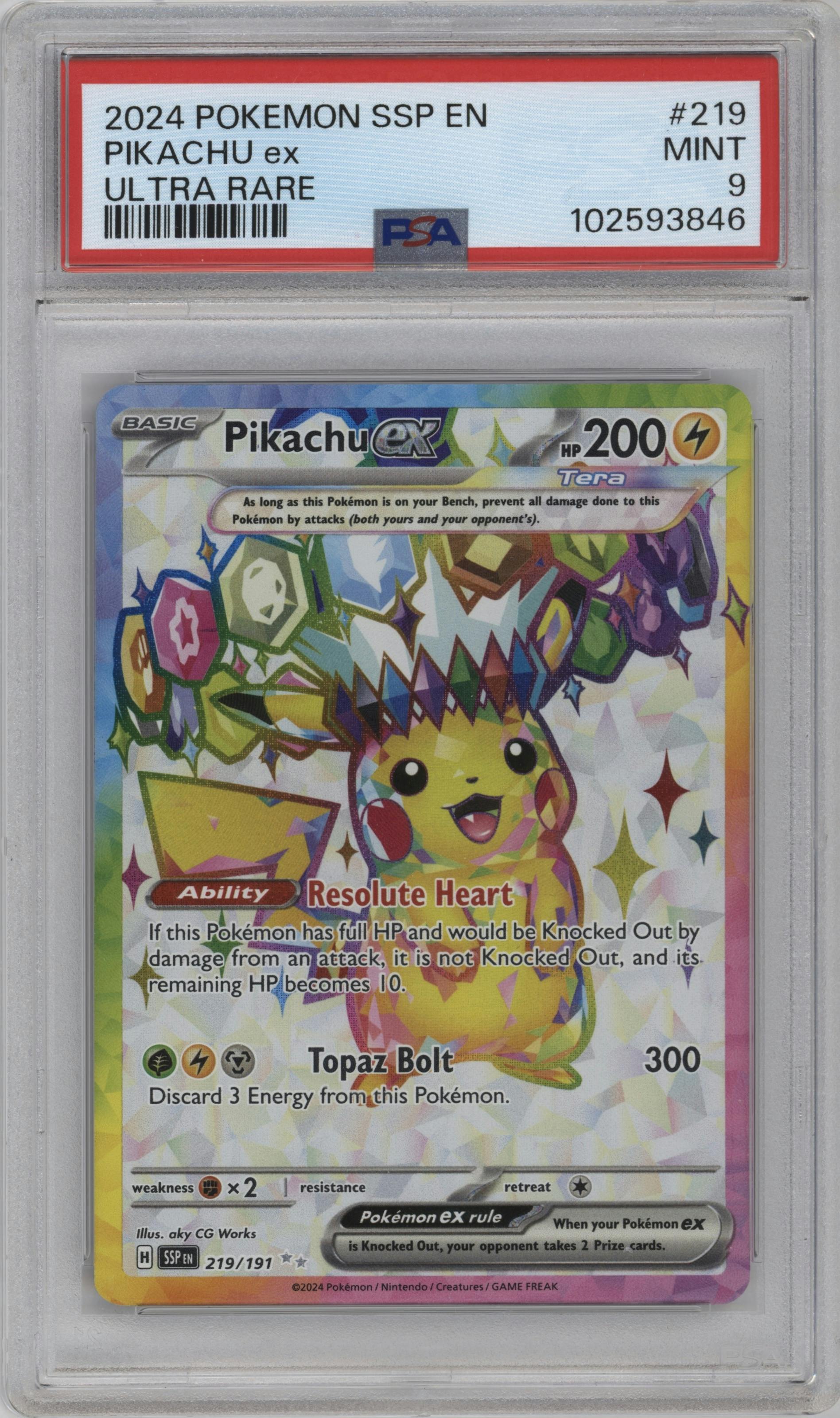 Pikachu ex from the 2024 Pokemon SV set graded by PSA and given an overall grade of 9.