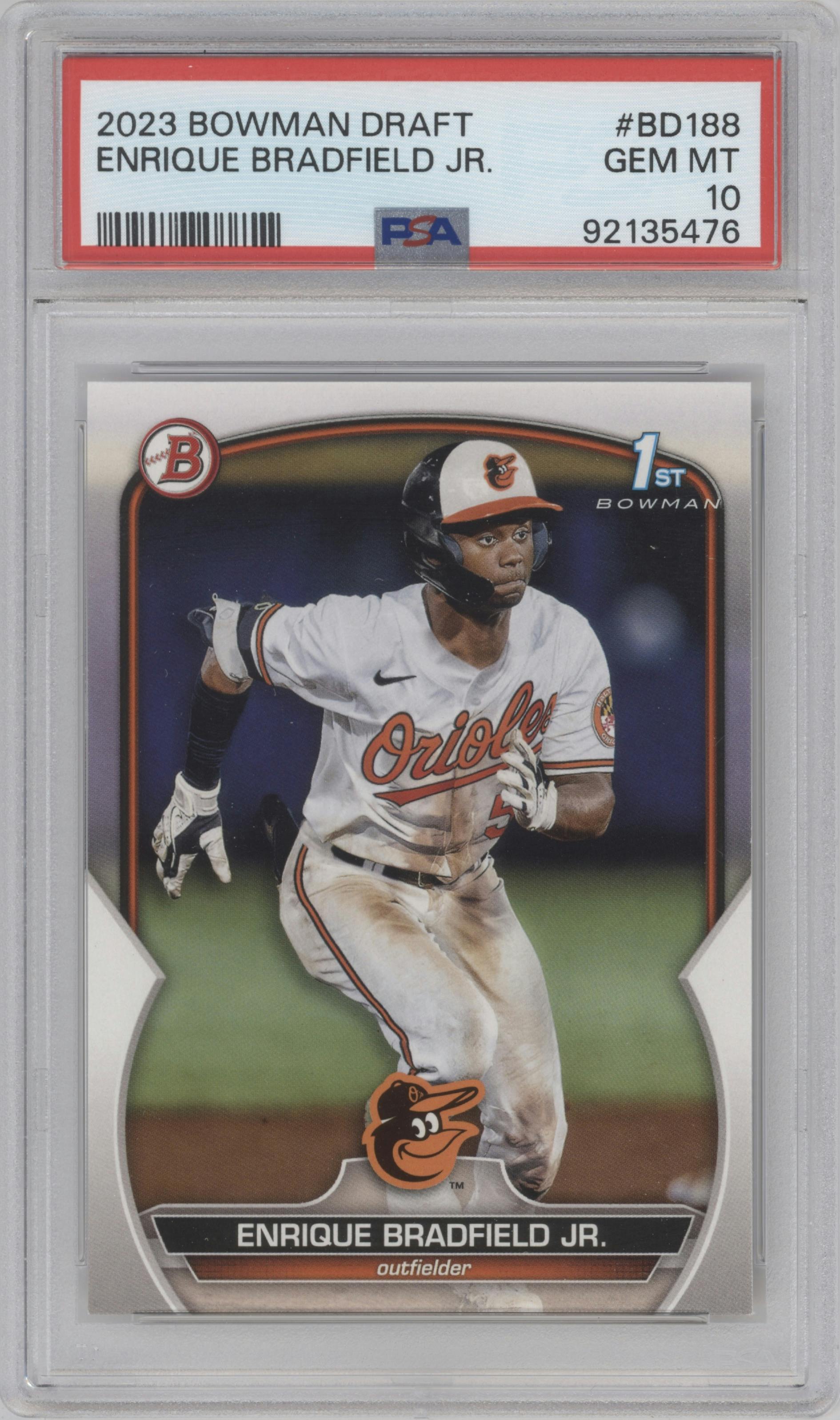 Enrique Bradfield Jr. from the 2023 Bowman Draft set graded by PSA and given an overall grade of 10.