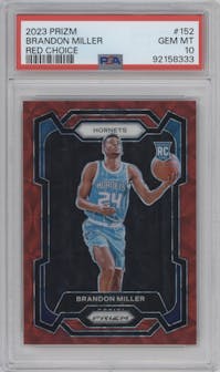 Brandon Miller from the 2023-24 Panini Prizm set featuring a Choice Red parallel graded by PSA and given an overall grade of 10.