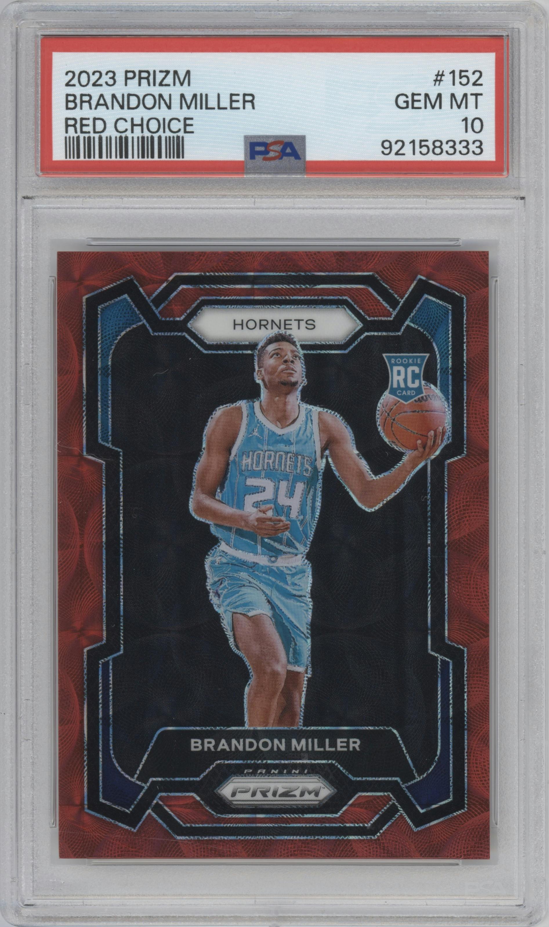 Brandon Miller from the 2023-24 Panini Prizm set featuring a Choice Red parallel graded by PSA and given an overall grade of 10.