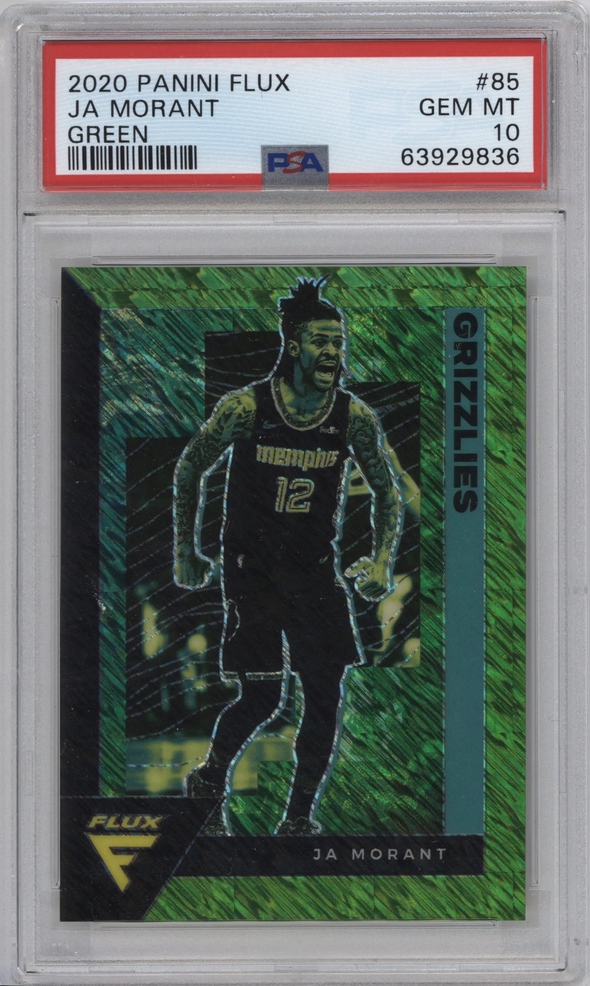 Ja Morant from the 2020-21 Panini Flux set featuring a Green parallel graded by PSA and given an overall grade of 10.