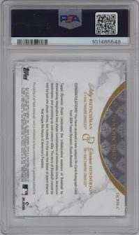Adley Rutschman/Gunnar Henderson from the 2024 Topps Dynamic Duals set featuring a Citrine parallel graded by PSA and given an overall grade of 10.