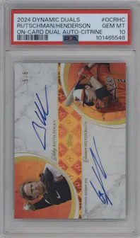 Adley Rutschman/Gunnar Henderson from the 2024 Topps Dynamic Duals set featuring a Citrine parallel graded by PSA and given an overall grade of 10.