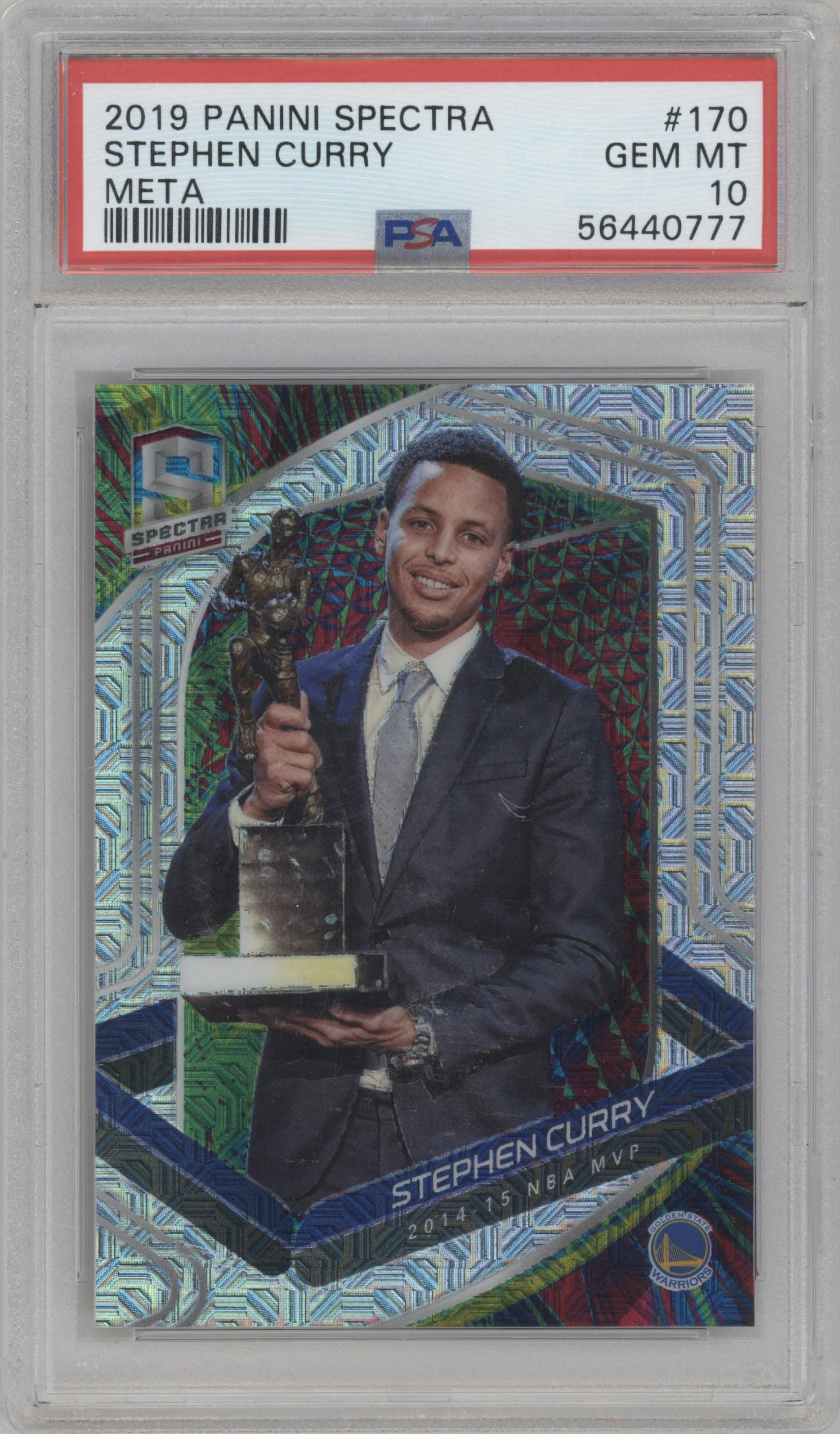 Stephen Curry from the 2019-20 Panini Spectra set featuring a Meta parallel graded by PSA and given an overall grade of 10.
