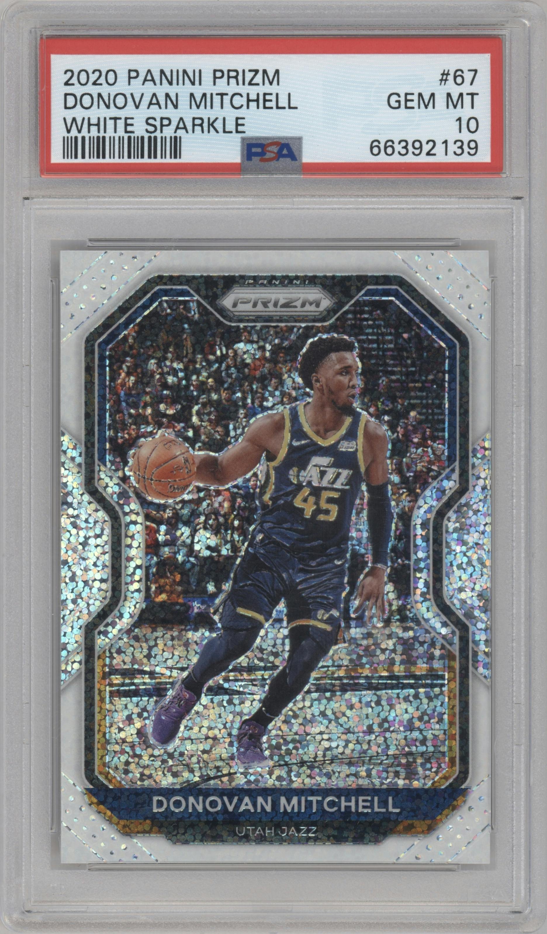 Donovan Mitchell from the 2020-21 Panini Prizm set featuring a White Sparkle parallel graded by PSA and given an overall grade of 10.