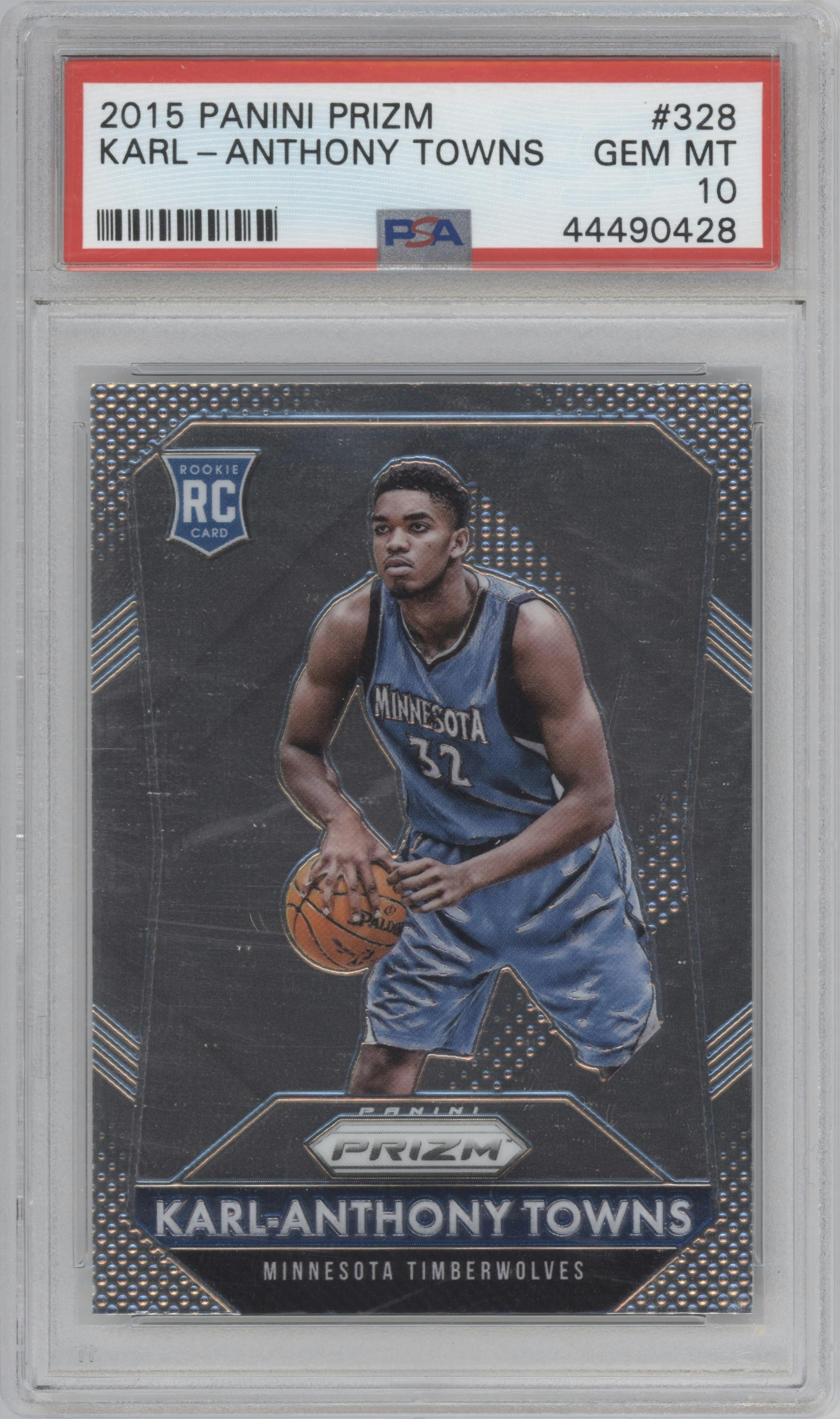 Karl-Anthony Towns from the 2015-16 Panini Prizm  set graded by PSA and given an overall grade of 10.