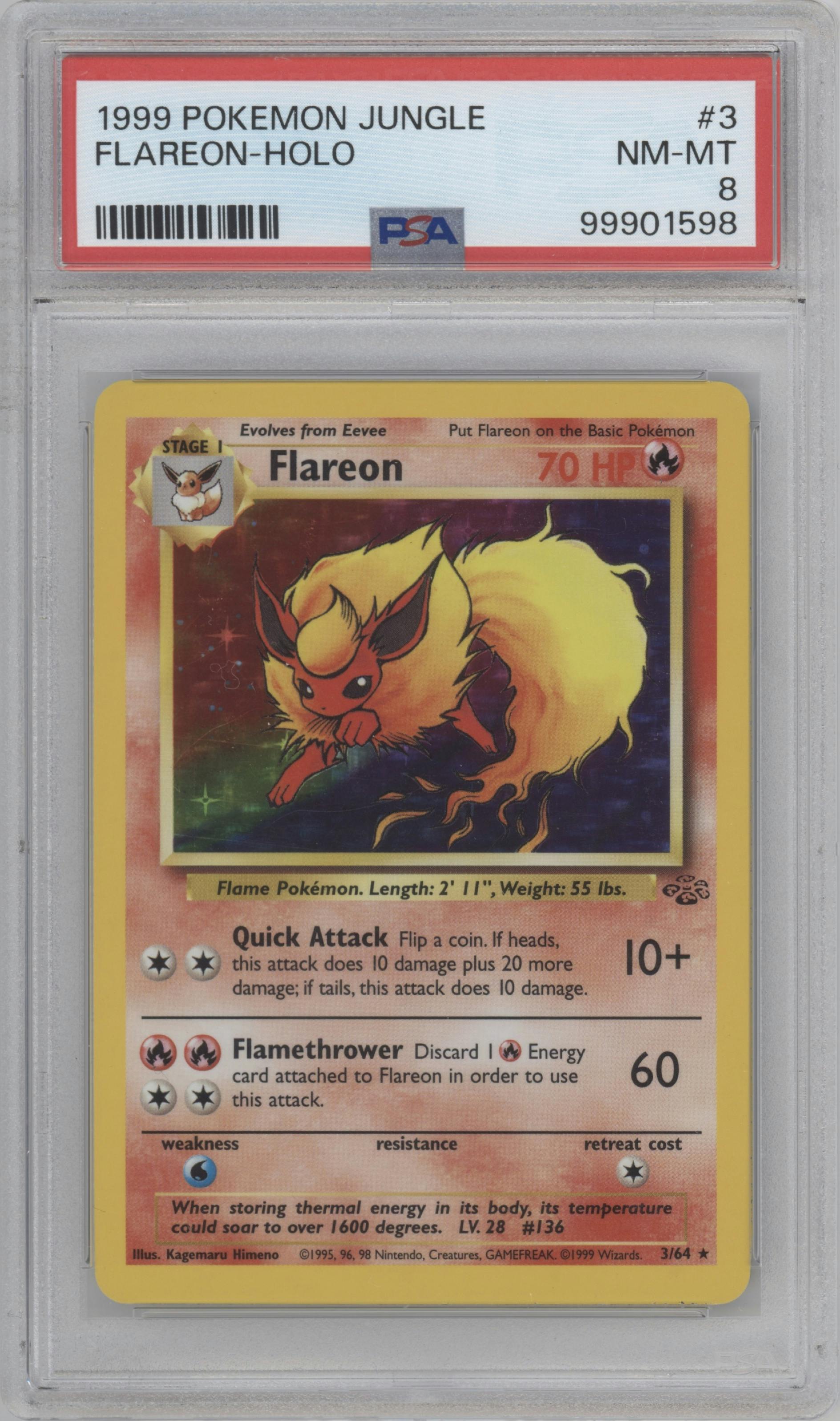 Flareon from the 1999 Pokemon set graded by PSA and given an overall grade of 8.
