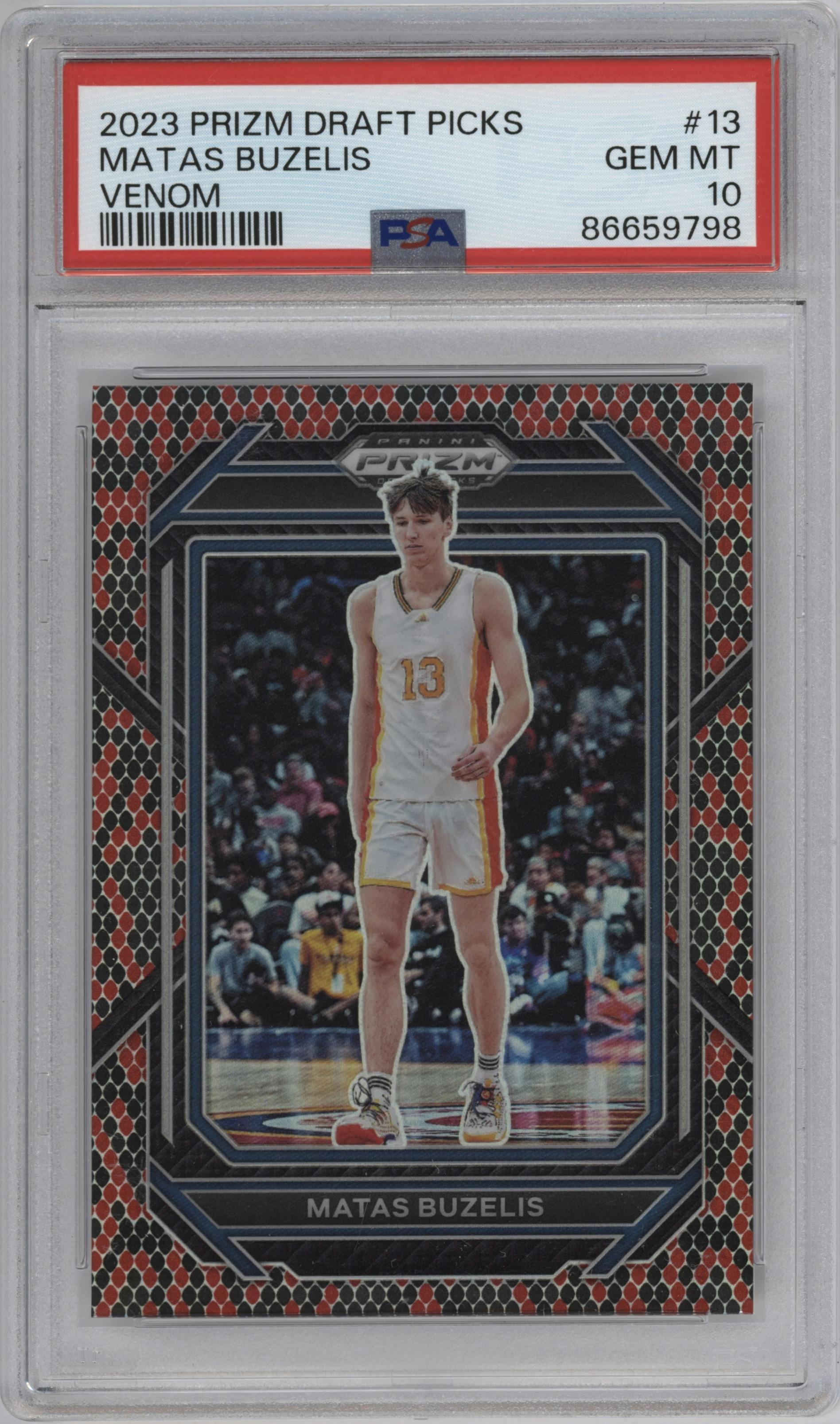 Matas Buzelis from the 2023-24 Panini Prizm Draft Picks set featuring a Venom parallel graded by PSA and given an overall grade of 10.