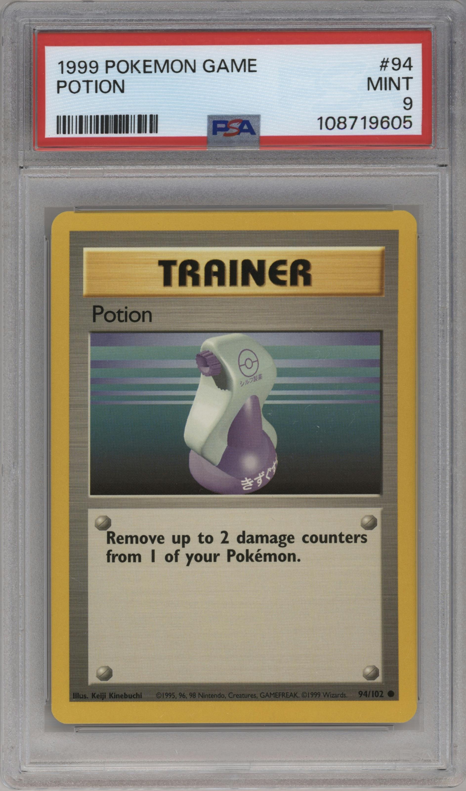 Potion from the 1999 Pokemon set graded by PSA and given an overall grade of 9.