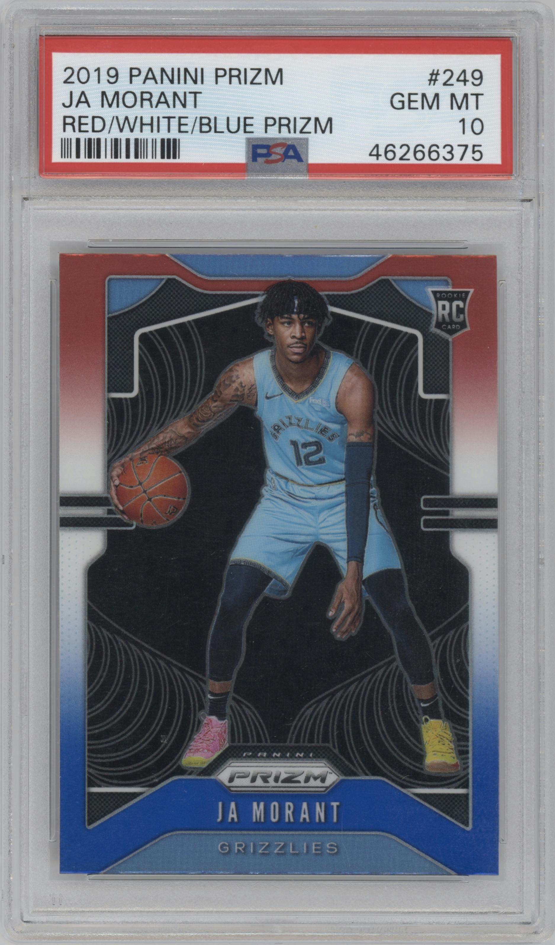 Ja Morant from the 2019-20 Panini Prizm set featuring a Red/White/Blue Prizm  parallel graded by PSA and given an overall grade of 10.