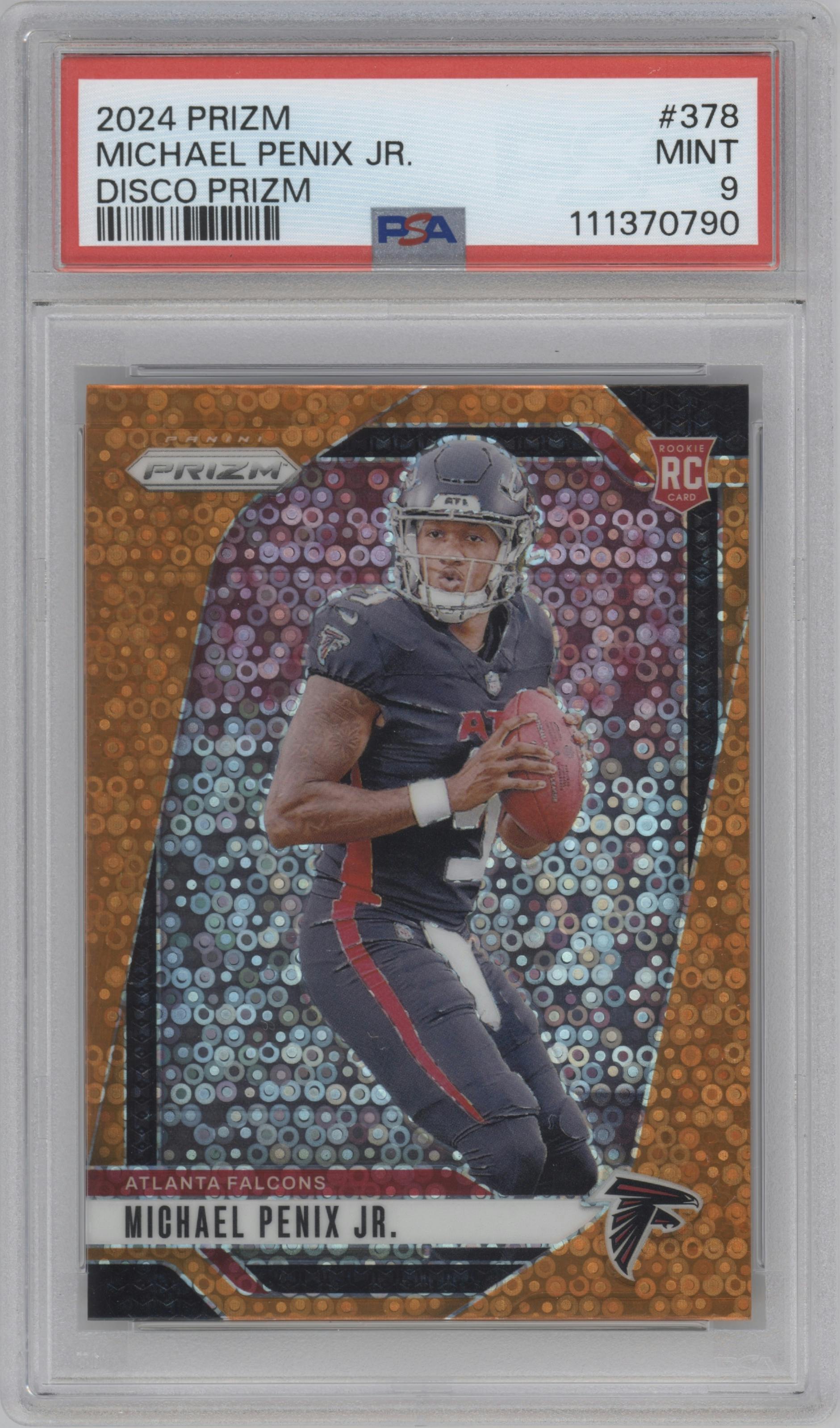 Michael Penix Jr. from the 2024 Panini Prizm set featuring a Disco parallel graded by PSA and given an overall grade of 9.