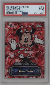 Minnie Mouse from the 2024 Topps Chrome Disney Sapphire Edition set featuring a Red parallel graded by PSA and given an overall grade of 9.