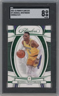 Russell Westbrook from the 2021-22 Panini Flawless set featuring a Emerald parallel graded by SGC and given an overall grade of 8.